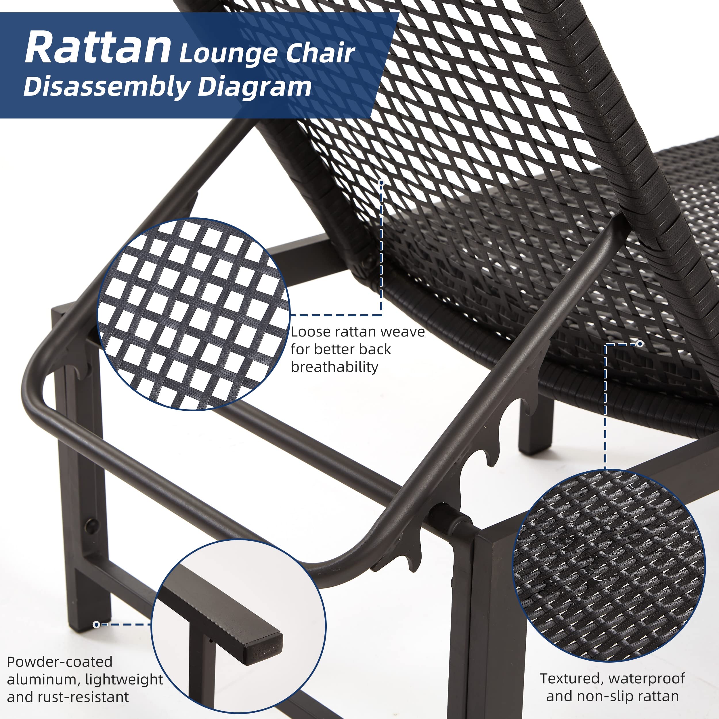 Outdoor Chaise Lounge Chairs Set of 2 - Hand-Woven Rattan with Adjustable Aluminum Frame (5 Positions) - Waterproof Patio Furniture for Poolside, Deck, Beach & Backyard - Dark Grey Modern Design - Perfect for Sunbathing, Relaxing & Outdoor Lounging