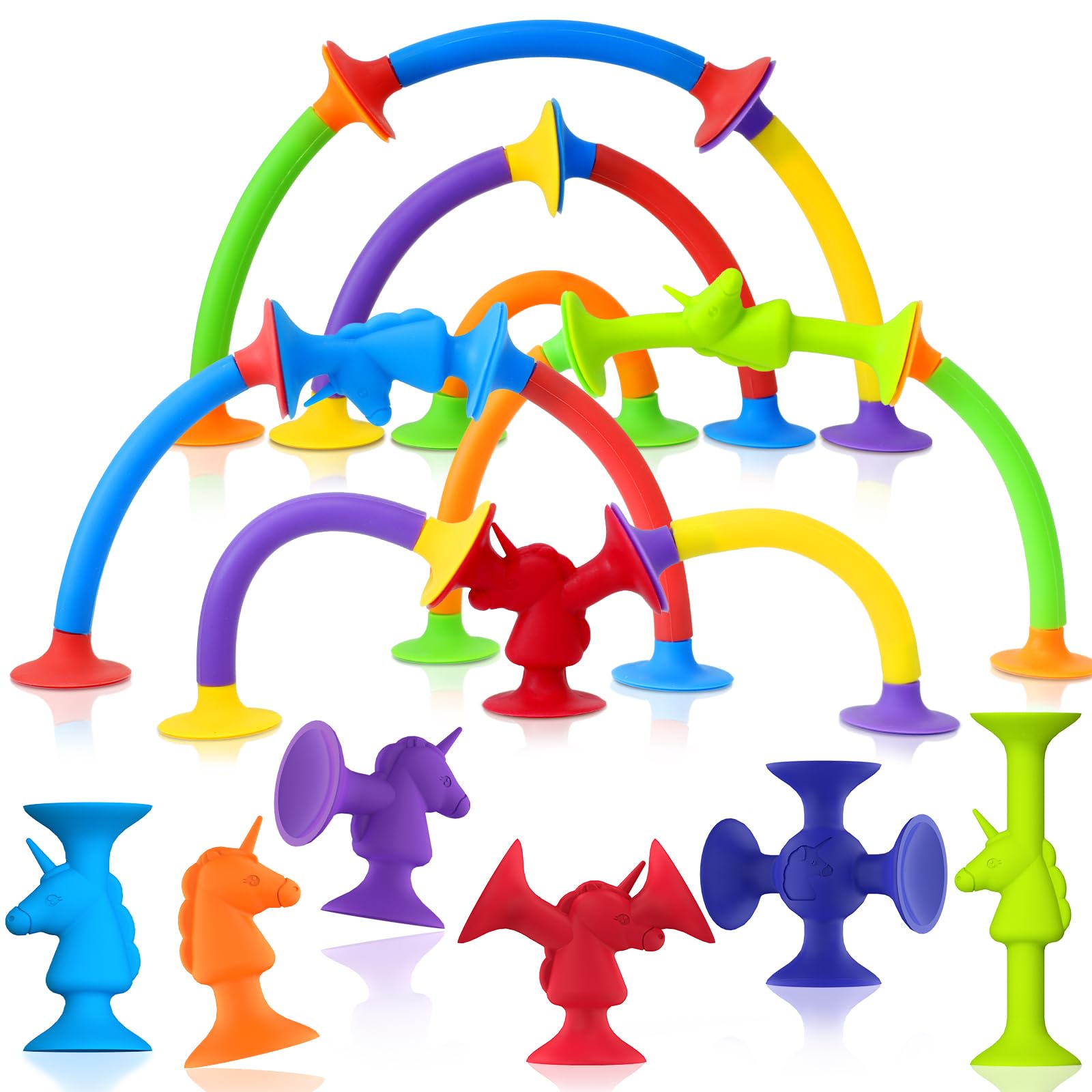 **Sensory Suction Cup Silicone Toys for Toddlers - 6 Unicorns + 6 Tubes - Fidget Toys for Windows, Building & Travel - Perfect Gift for Boys & Girls - Stress Relief & Fine Motor Skills Development**    *(Ideal for car rides, classroom focus, autism therapy, and sensory play at home!)*
