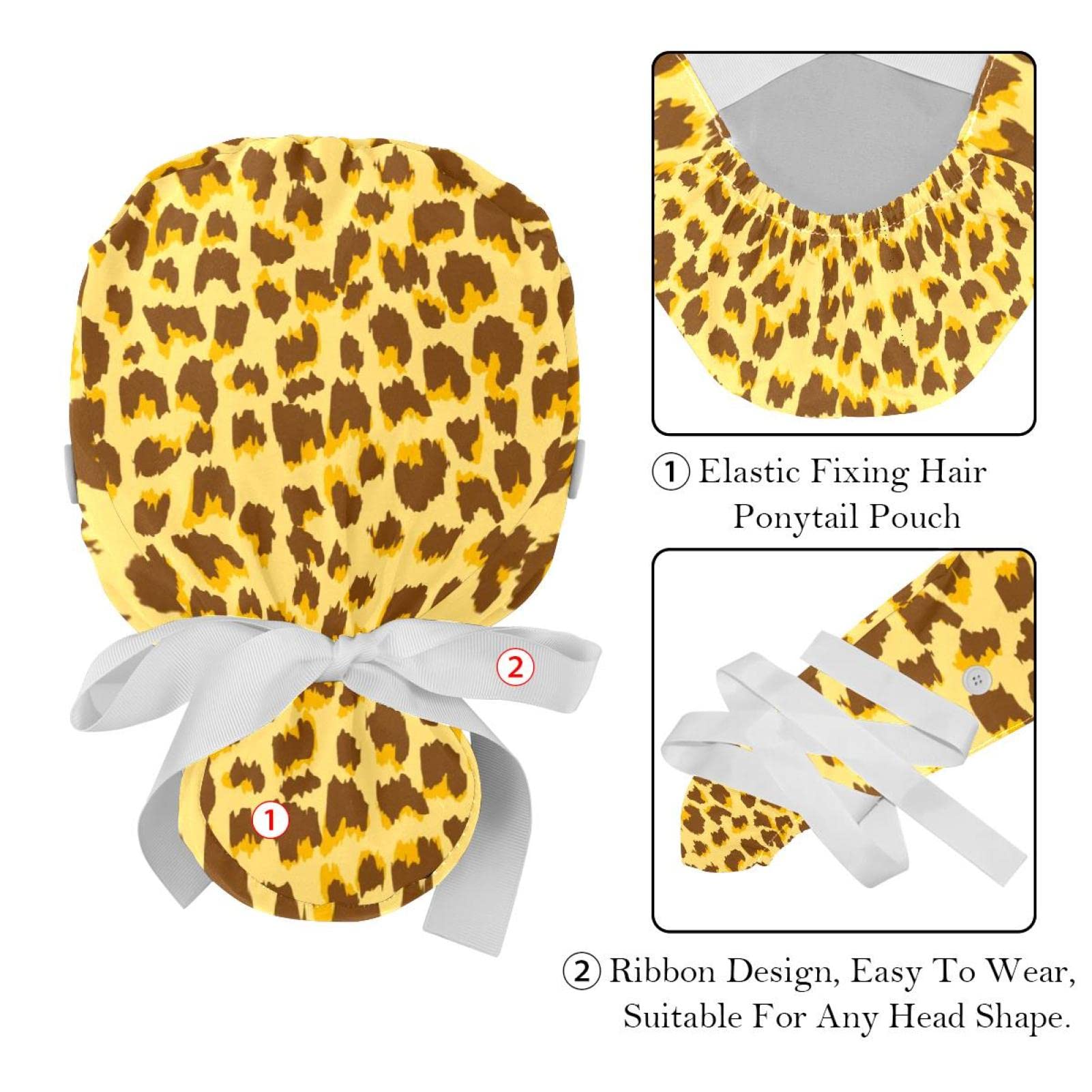 Leopard Print Blue Scrub Hats for Women & Men - 2 Pack Long Hair Surgical Caps with Button & Sweatband - Unisex Tie Back Medical Hats for Nurses, Doctors & Healthcare Workers - Perfect for Hospitals, Clinics & Medical Work Environments