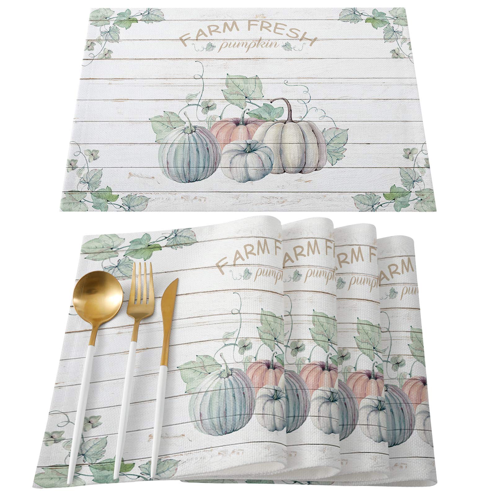 Watercolor Pumpkin Thanksgiving Placemats Set of 4 - 13x19 Inch Washable Dining Table Mats for Kitchen & Patio, Retro Wooden Stripes Design - Perfect for Fall Decor, Holiday Dinners & Everyday Use