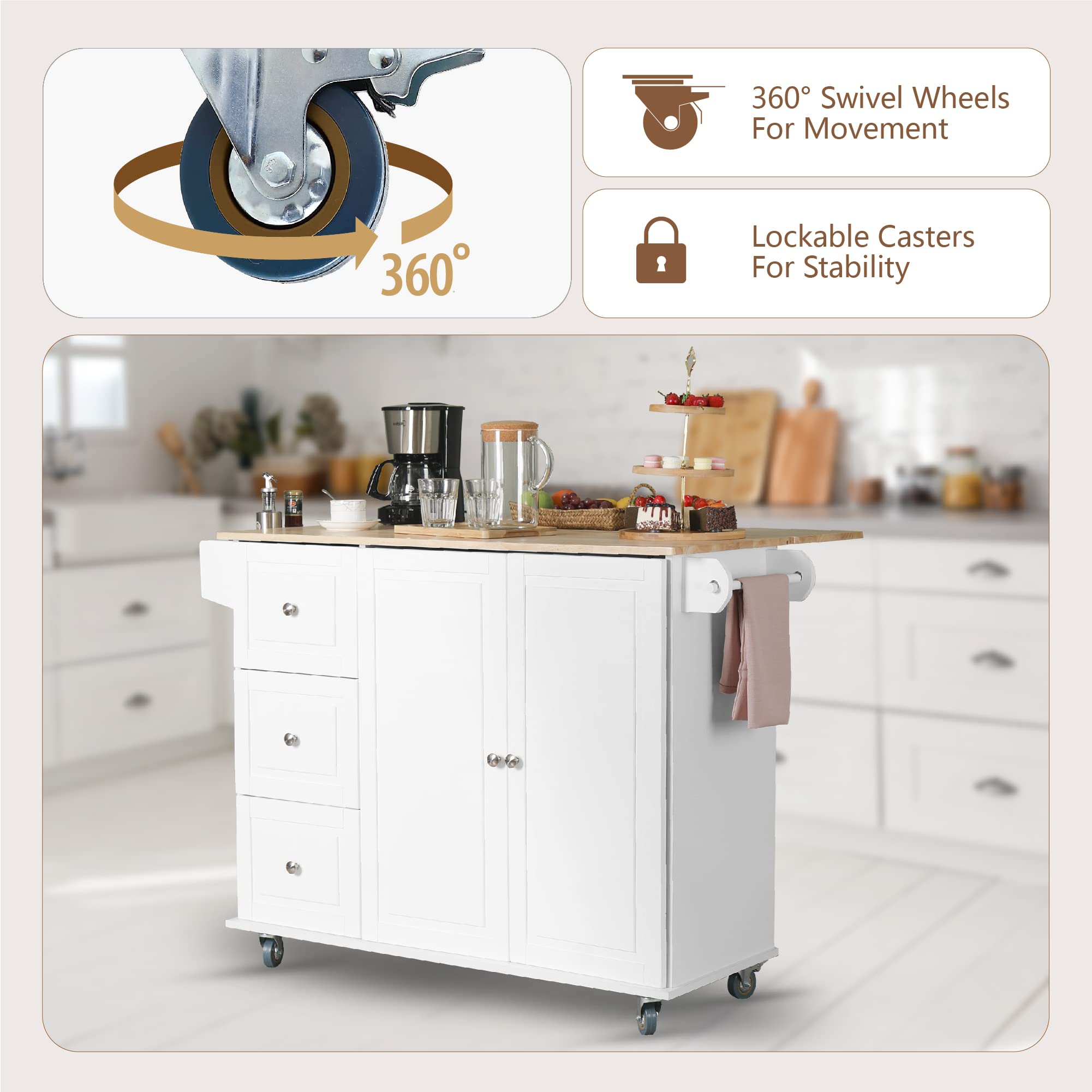 MFSTUDIO White Rolling Kitchen Island Cart with Drop-Leaf, 3 Drawers & Adjustable Shelf - Mobile Storage Cabinet with Wood Countertop, Towel Bar & Spice Rack - Perfect for Small Kitchens, Dining Rooms & Apartment Living
