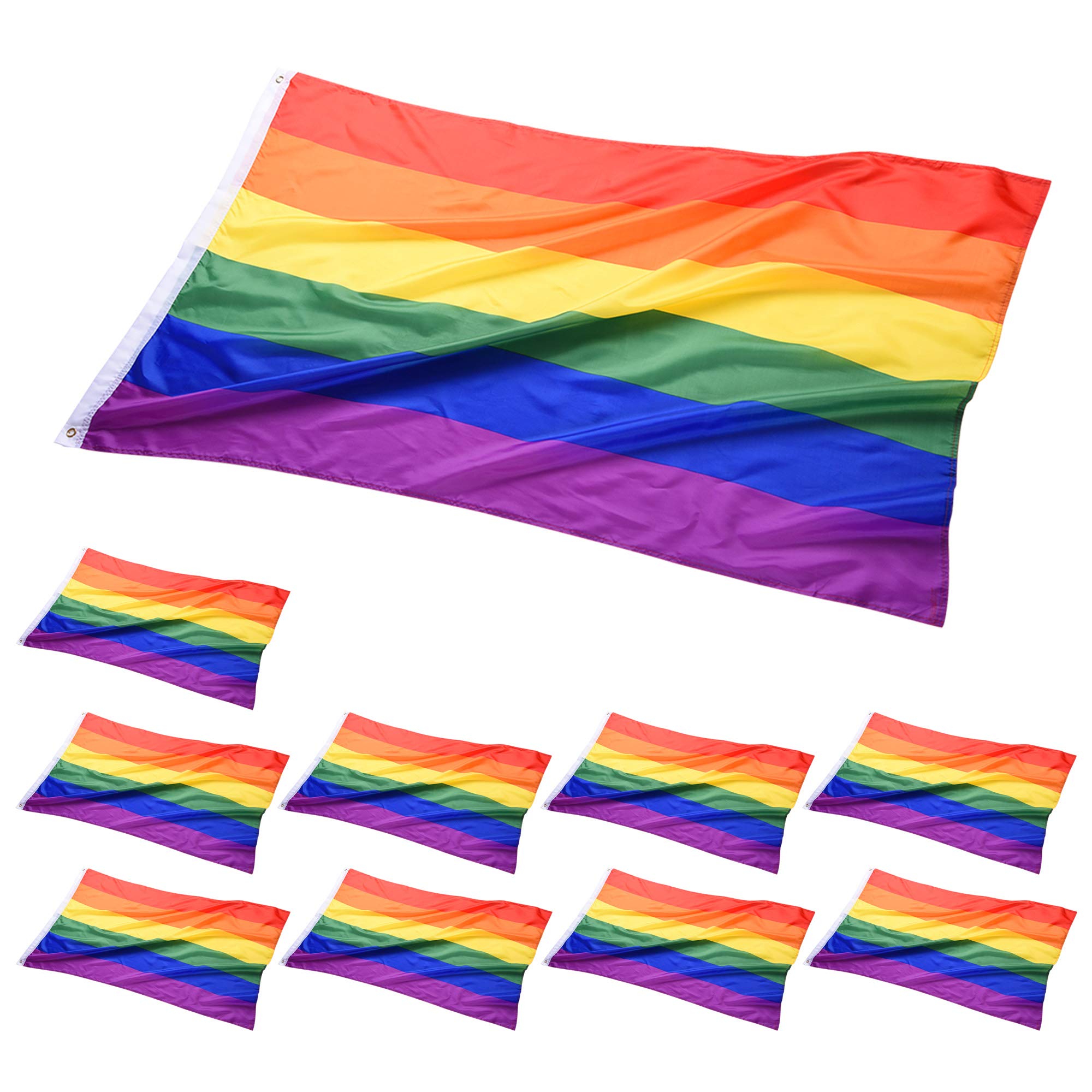 5x3 Ft Rainbow Pride Flag - LGBT Gay Lesbian Bisexual Transgender Banner with Brass Grommets - Durable Polyester Fabric - 10 Pack for Parades, Parties & Home Decor