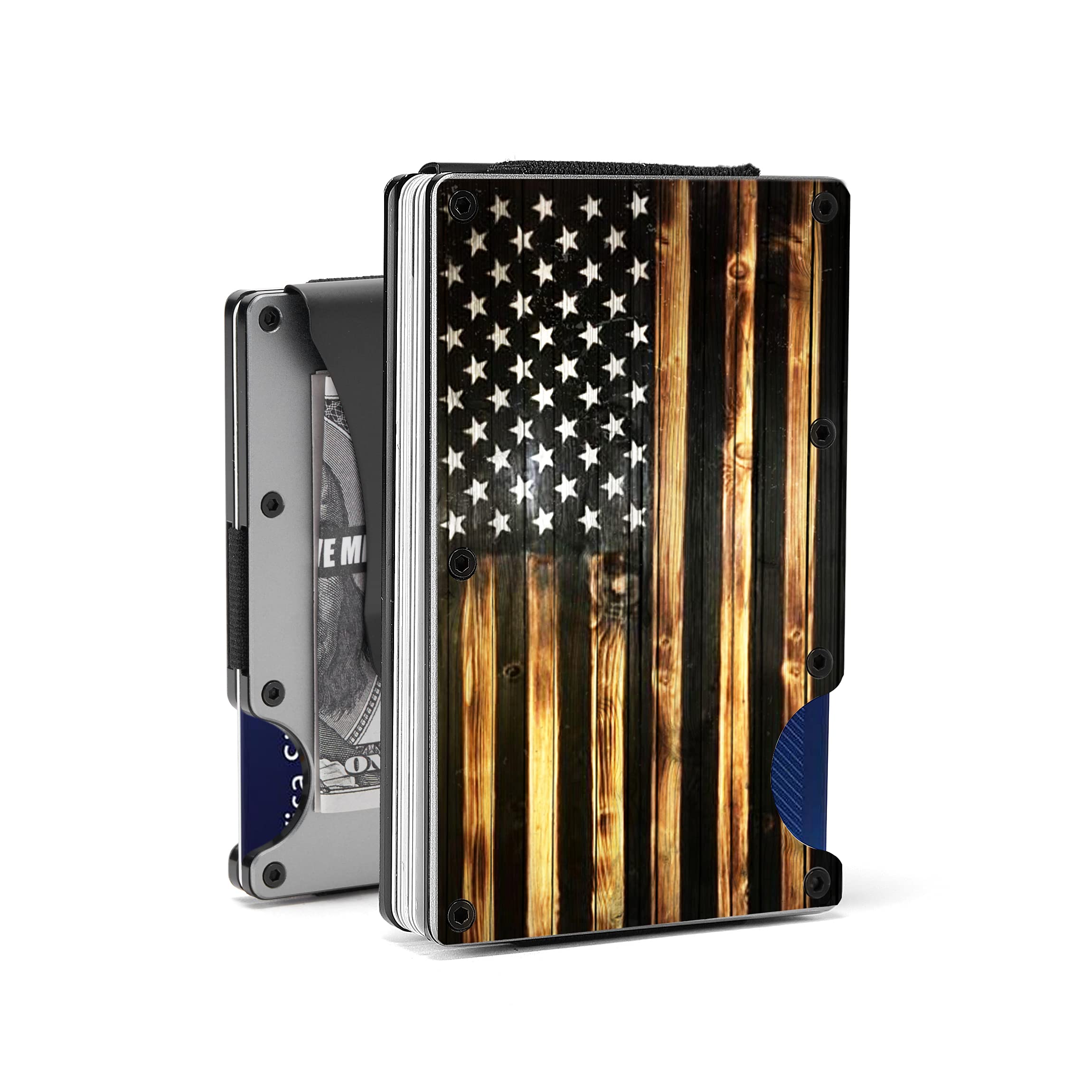 Minimalist RFID Blocking Metal Wallet for Men - Slim Front Pocket Money Clip & Credit Card Holder - Vintage Wood American Flag Design - Tactical EDC Wallet with Multitool | Perfect for Travel, Business & Everyday Carry