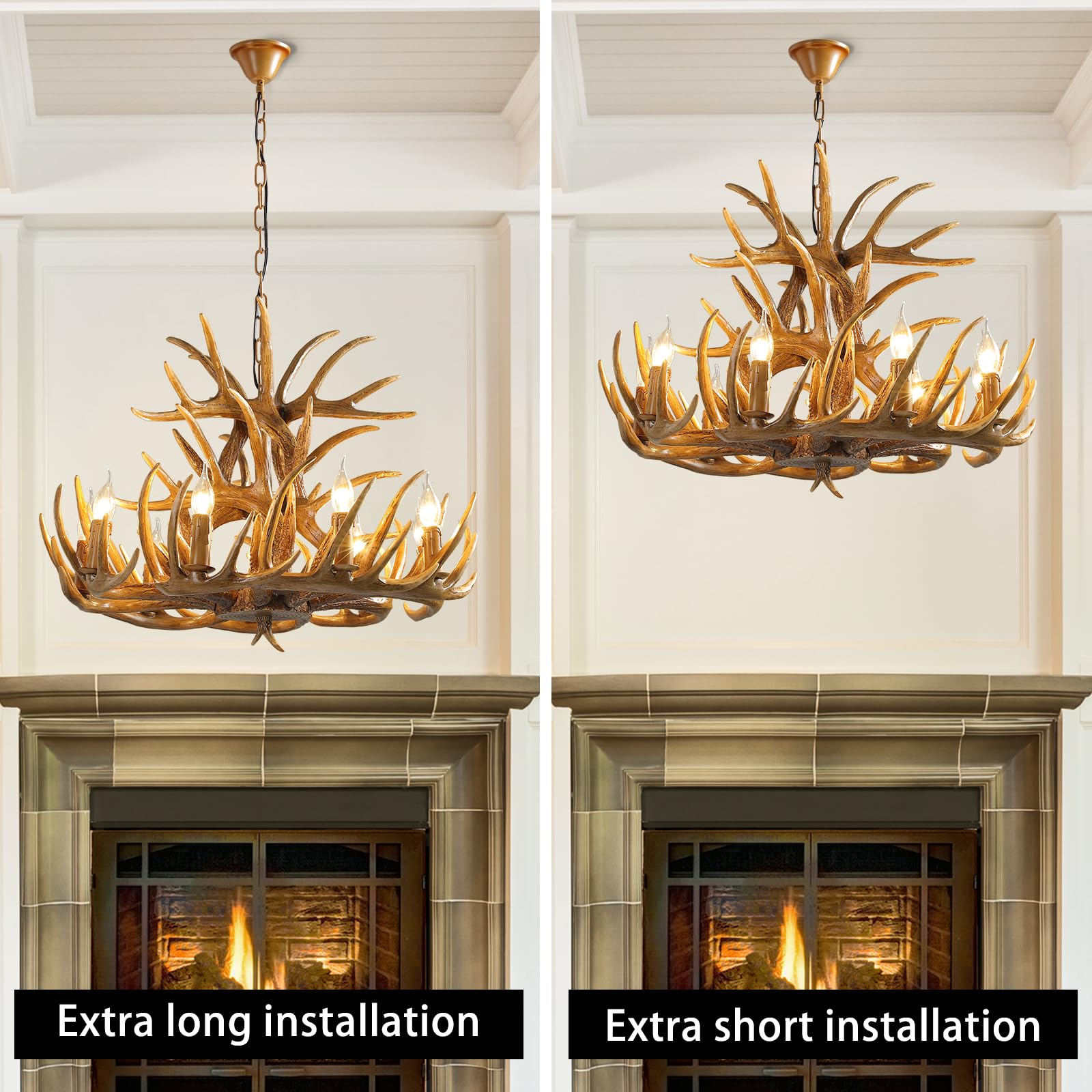 Adjustable Chain Deer Antler Chandelier - 9-Light Farmhouse Lighting Fixture for Dining Room, Kitchen, Living Room | Rustic Cabin Decor for High Ceilings | Perfect for Home, Bar & Cafe Ambiance