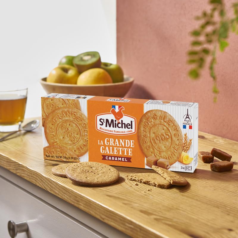 St Michel La Grande Galette Butter Cookies with Caramel - 5.29oz (150g) French Biscuits for Tea Time, Gifts & Dessert Snacking