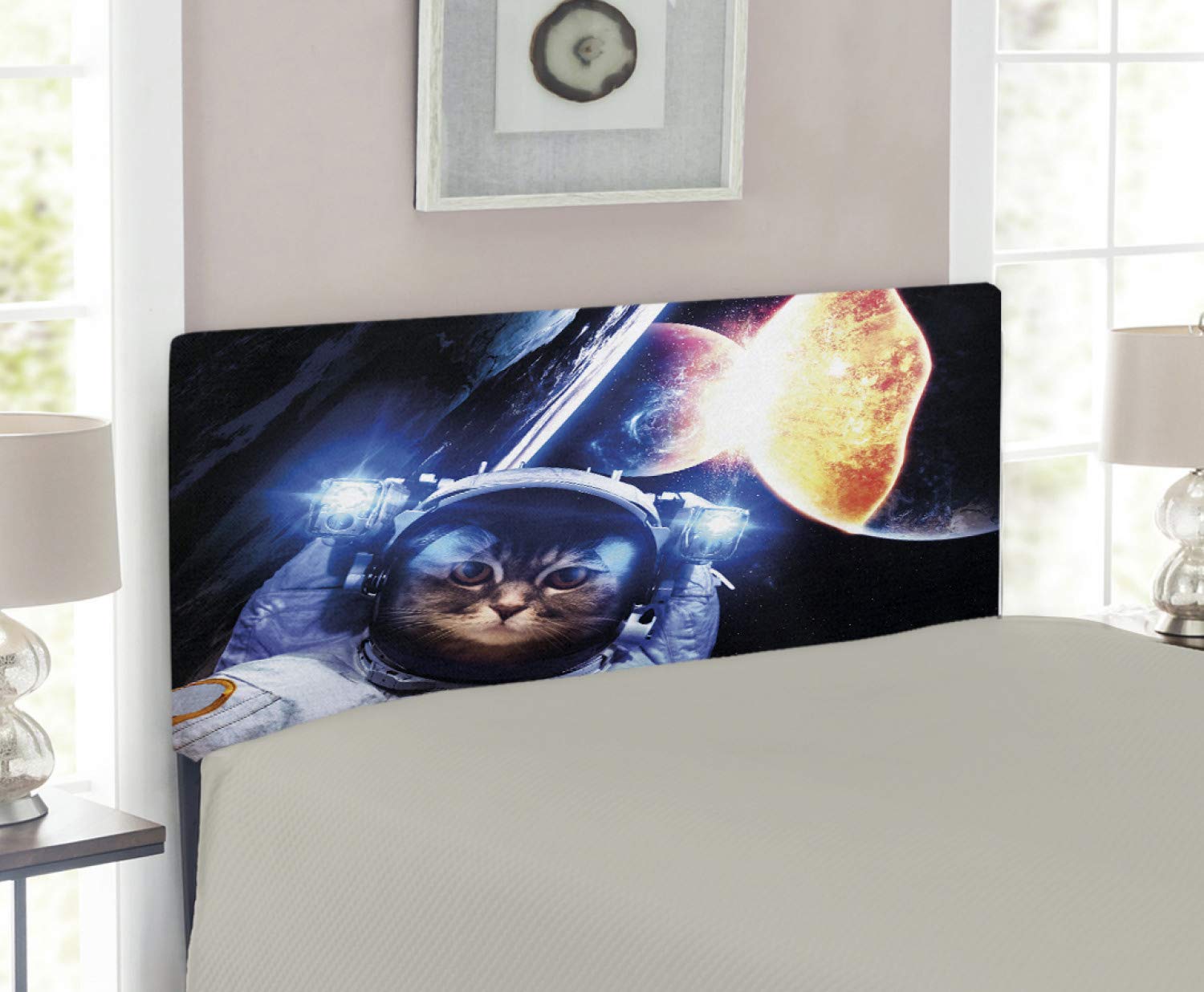 Ambesonne Space Cat Headboard - Twin Size Upholstered Decorative Metal Bed Frame with Memory Foam | Kitten in Suit & Cosmic Nebula Artwork | Dark Blue & Orange Galaxy Theme | Perfect for Kids' Bedroom, Space-Themed Nursery or Unique Home Decor