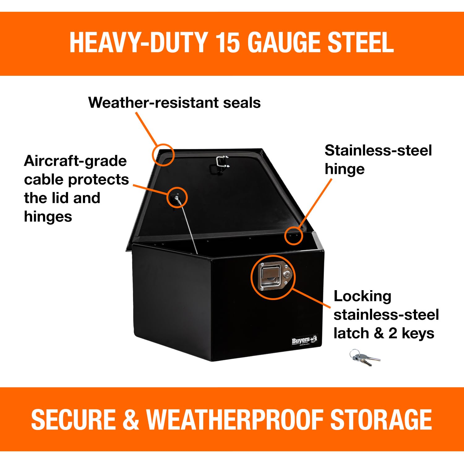 Buyers Products 1701281 Steel Trailer Tongue Box - 12.3 x 12.6 x 27.1 Inch Gloss Black Tool Storage Box | Made in USA | Heavy-Duty Organizer for Camping Gear, Tools & Trailer Accessories | Weatherproof Truck Bed & RV Storage Solution