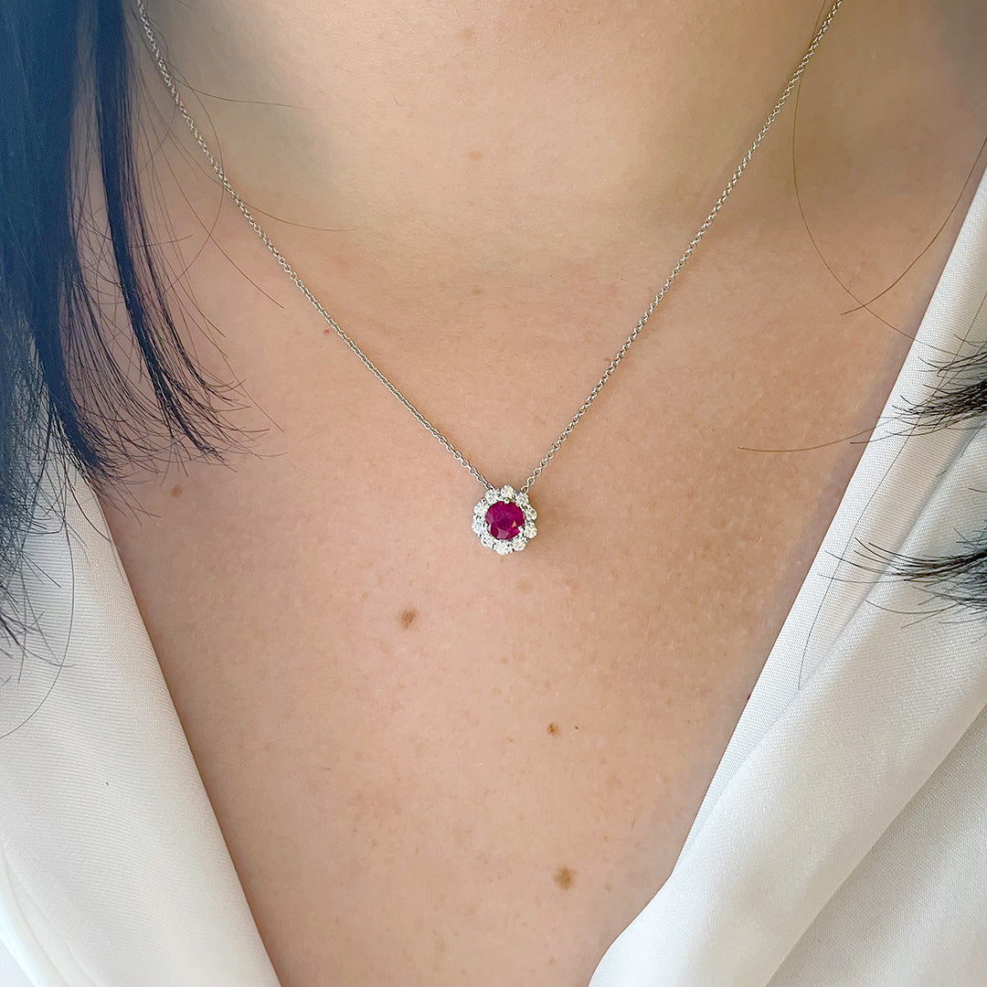 18K White Gold Ruby & Diamond Halo Pendant Necklace for Women - Elegant Jewelry Gift for Anniversary, Valentine's Day & Special Occasions