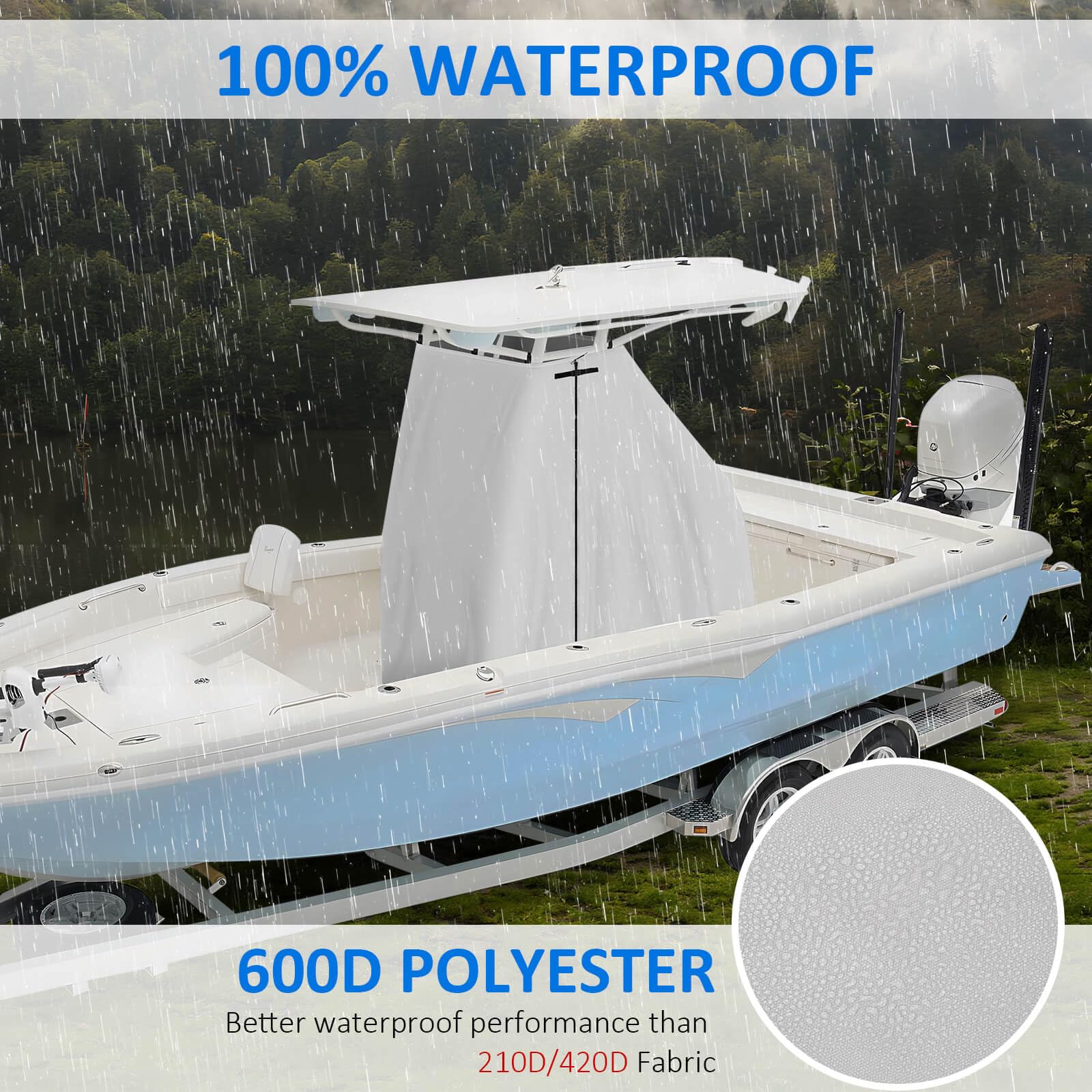 **600D Heavy Duty Waterproof T-Top Boat Cover - Tear-Resistant Polyester Center Console Cover for Boats - Perfect for Marine Protection & Outdoor Storage**