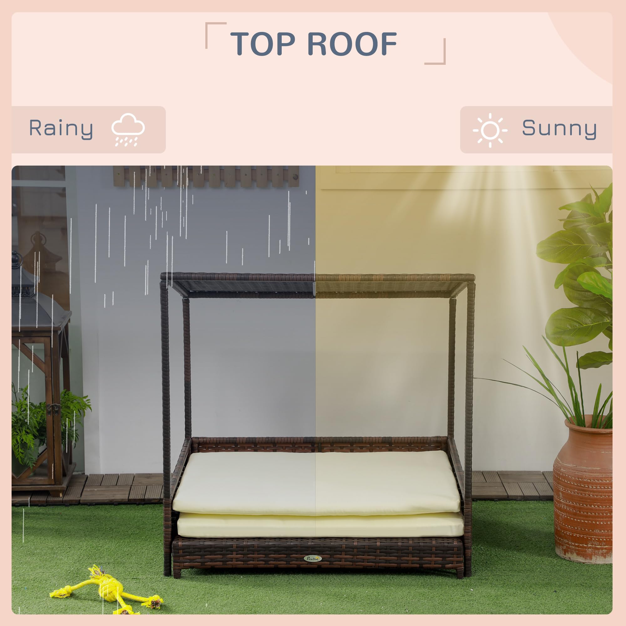 PawHut Outdoor Wicker Dog House with Canopy - Rattan Pet Bed with Removable Cushion, Raised Dog Bed & Cat Shelter - Medium Size Mixed-Brown Patio Pet Sofa for Dogs & Cats - Perfect for Backyard, Garden, and Porch Use