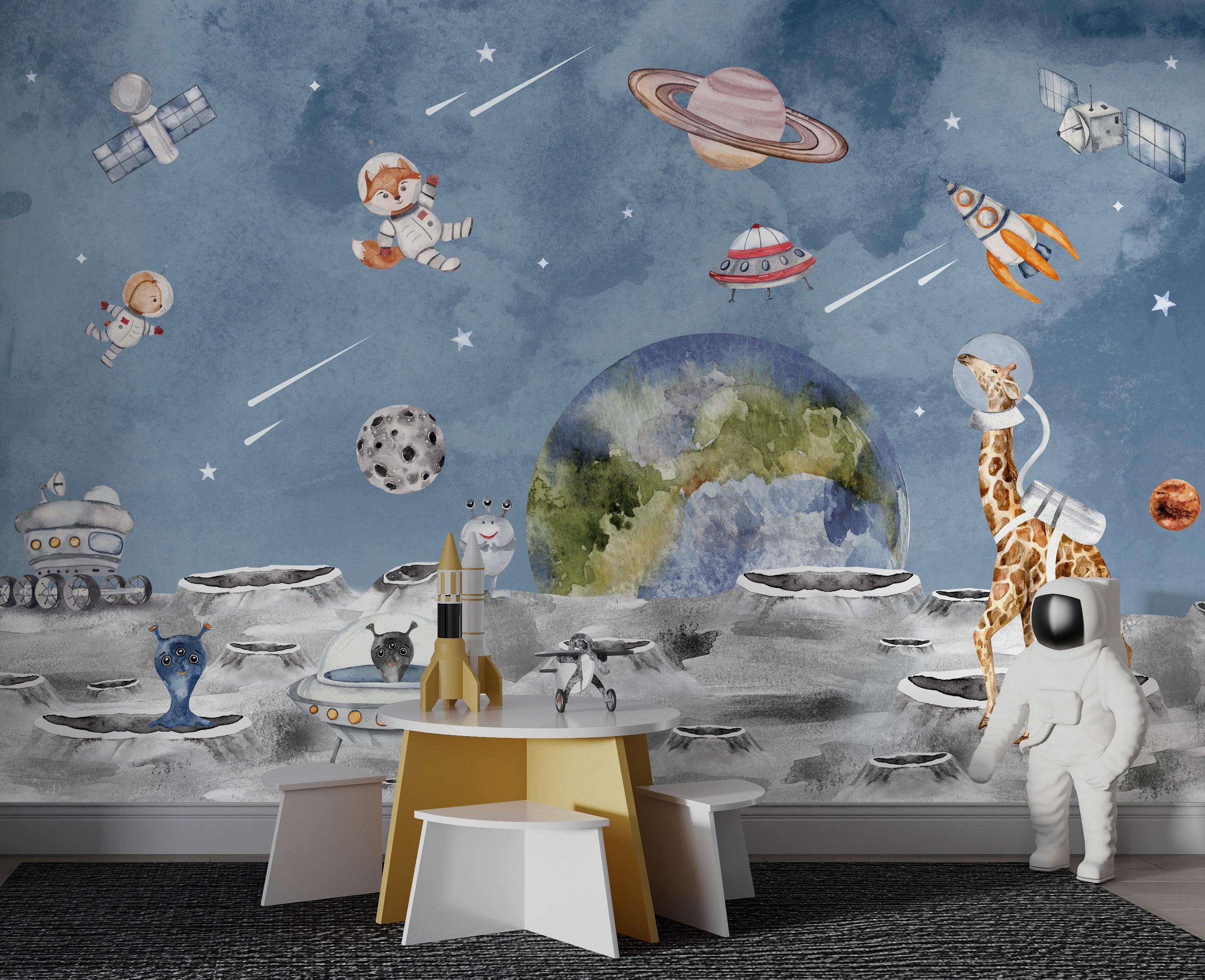 Animals in Space Astronauts Wallpaper Mural for Kids Room - Fun Galaxy Themed Nursery & Playroom Decor