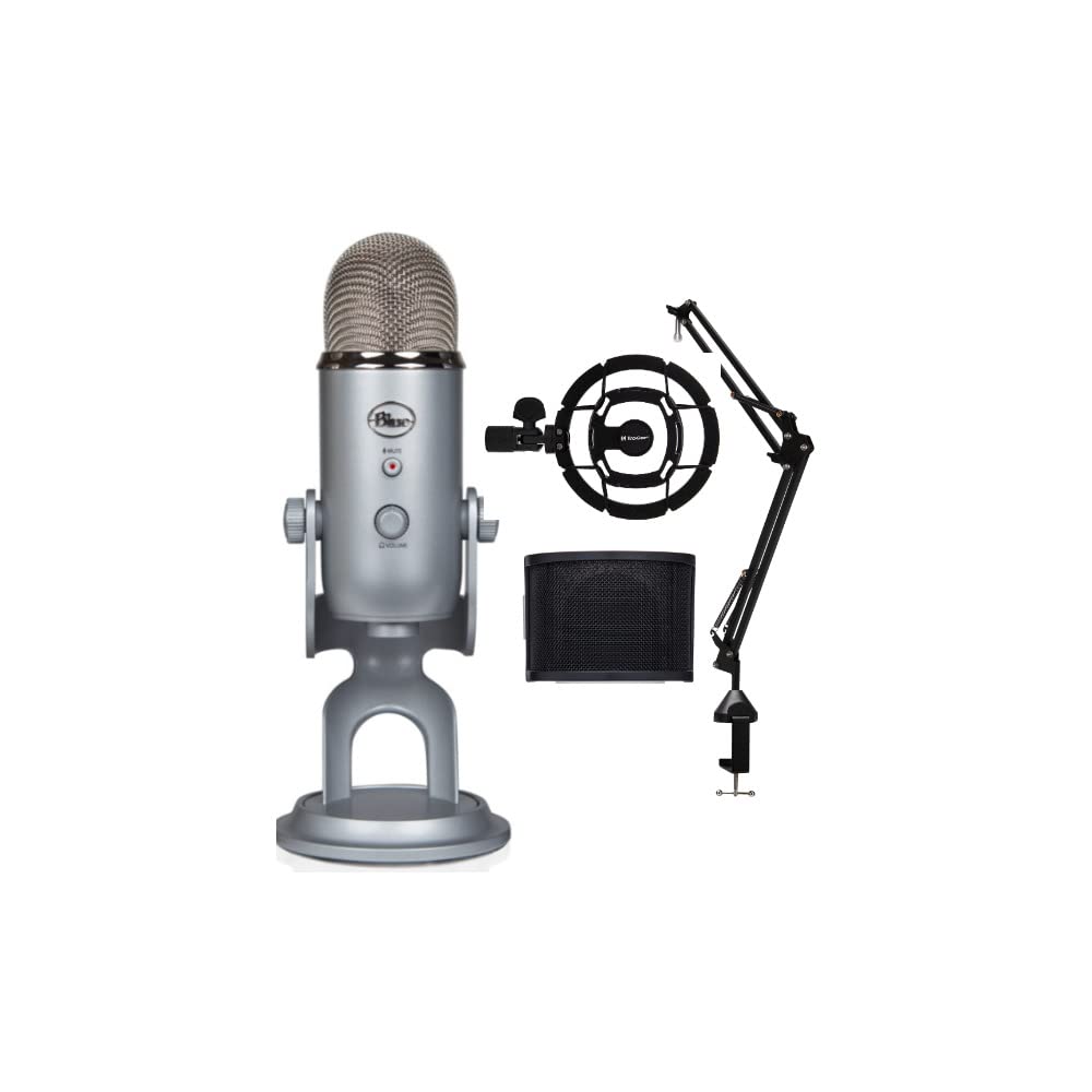 Blue Yeti USB Microphone (Silver) - Professional Studio Condenser Mic with Boom Arm, Shock Mount & Pop Filter Bundle - Perfect for Podcasting, Streaming, Gaming & Home Recording