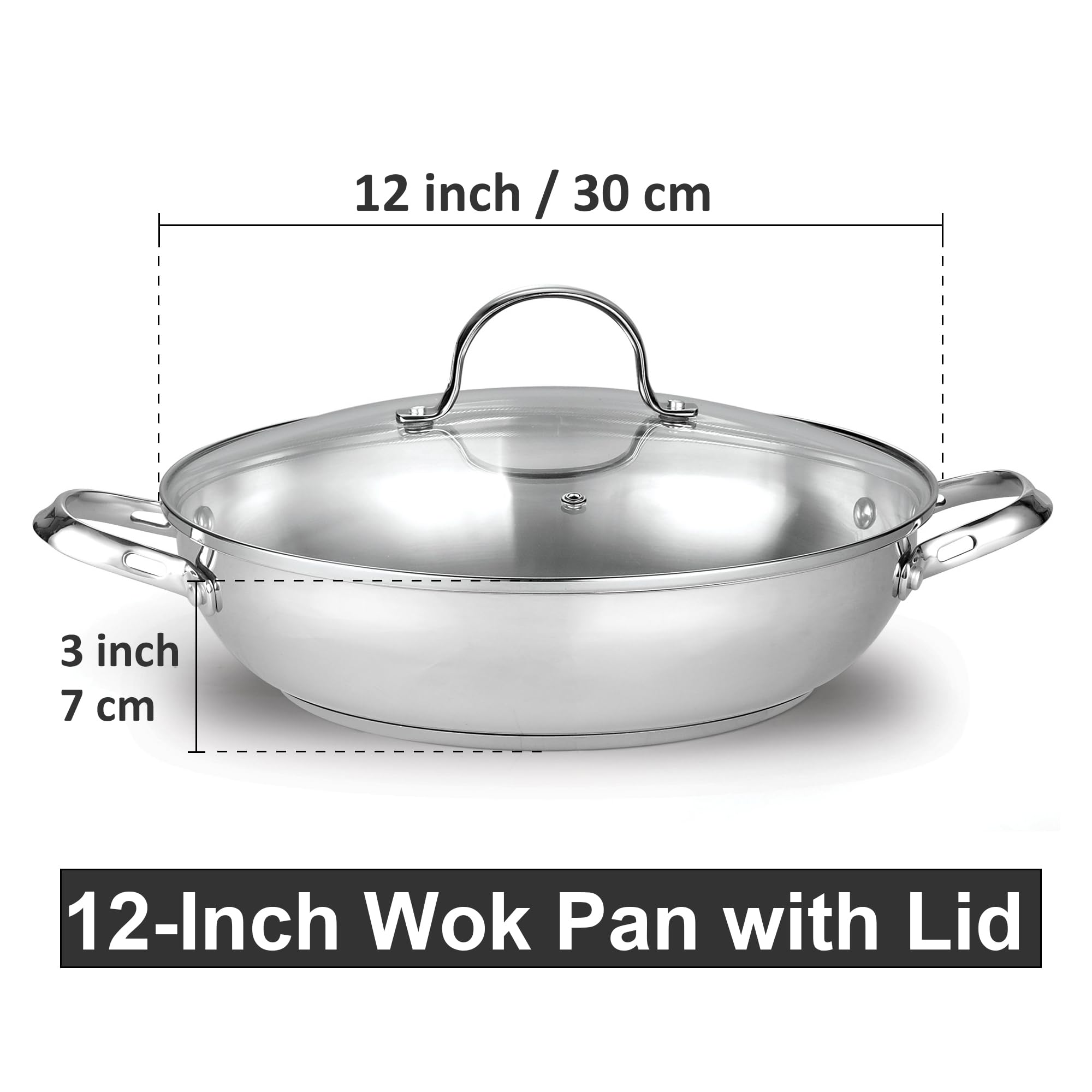 Premium 12-Inch Stainless Steel Wok Pan with Glass Lid - Professional Stir Fry & Sauté Pan for Asian Cooking, Healthy Meals & Fast Weeknight Dinners - Cooks Standard Classic Chef's Pan (30cm, Silver)
