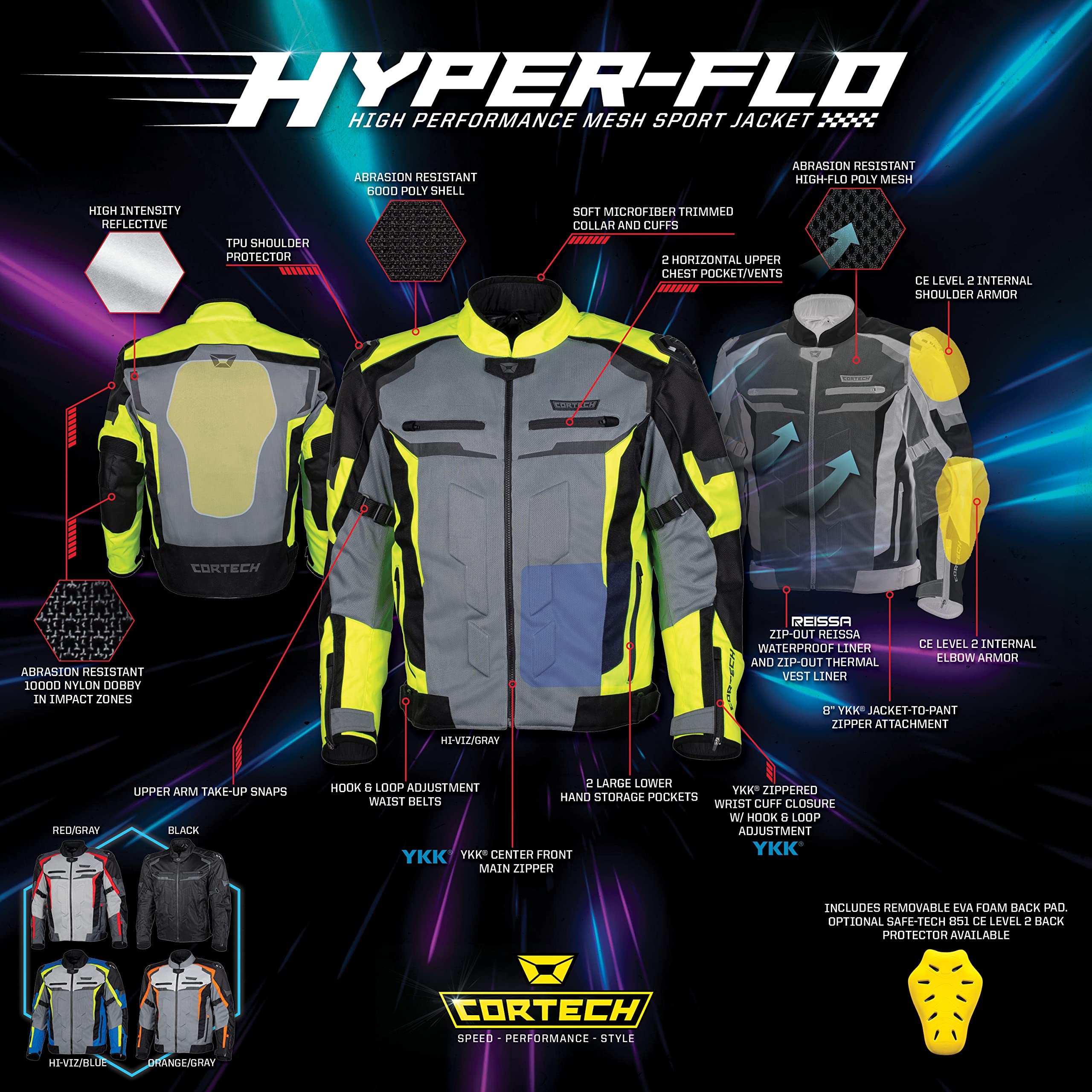 Cortech Men's Hyper-Flo Air Jacket - Lightweight Motorcycle Riding Jacket for Summer, Breathable Mesh with Armor Protection (Black, Large) - Perfect for Street Biking, Commuting & Adventure Tours