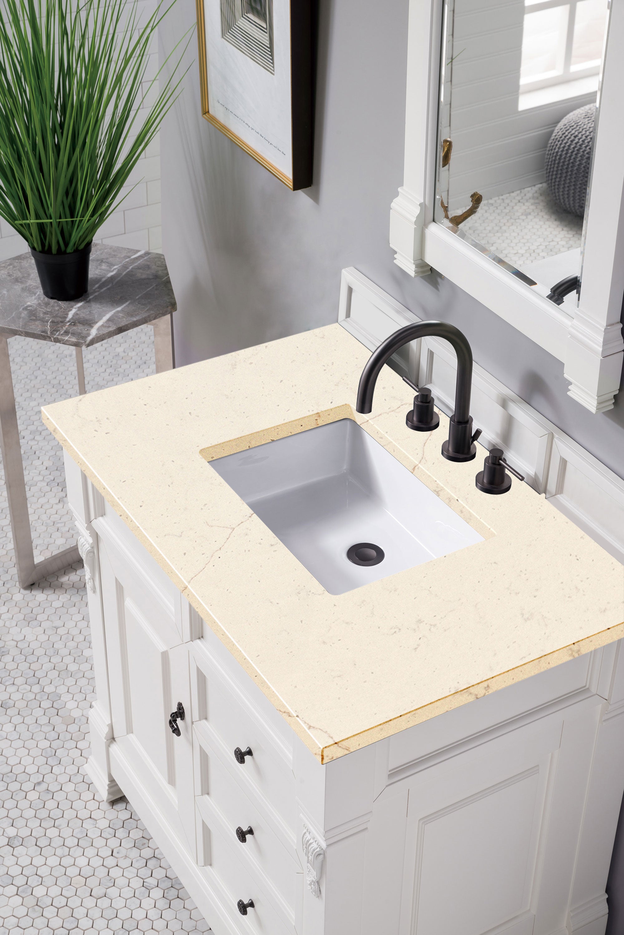Brookfield 36 Inch Single Bathroom Vanity Set with Bright White Finish & 3CM Eternal Marfil Quartz Countertop - Perfect for Modern Master Bathrooms, Guest Baths & Small Space Remodels