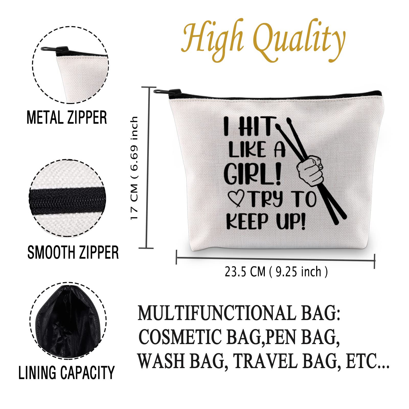 Drummer Cosmetic Bag - 'I Hit Like A Girl Try To Keep Up' Makeup Pouch, Drum Travel Toiletry Bag for Musicians | Perfect Gift for Drummers, Band Members & Music Lovers (Great for Concerts, Tours & Music Festivals)