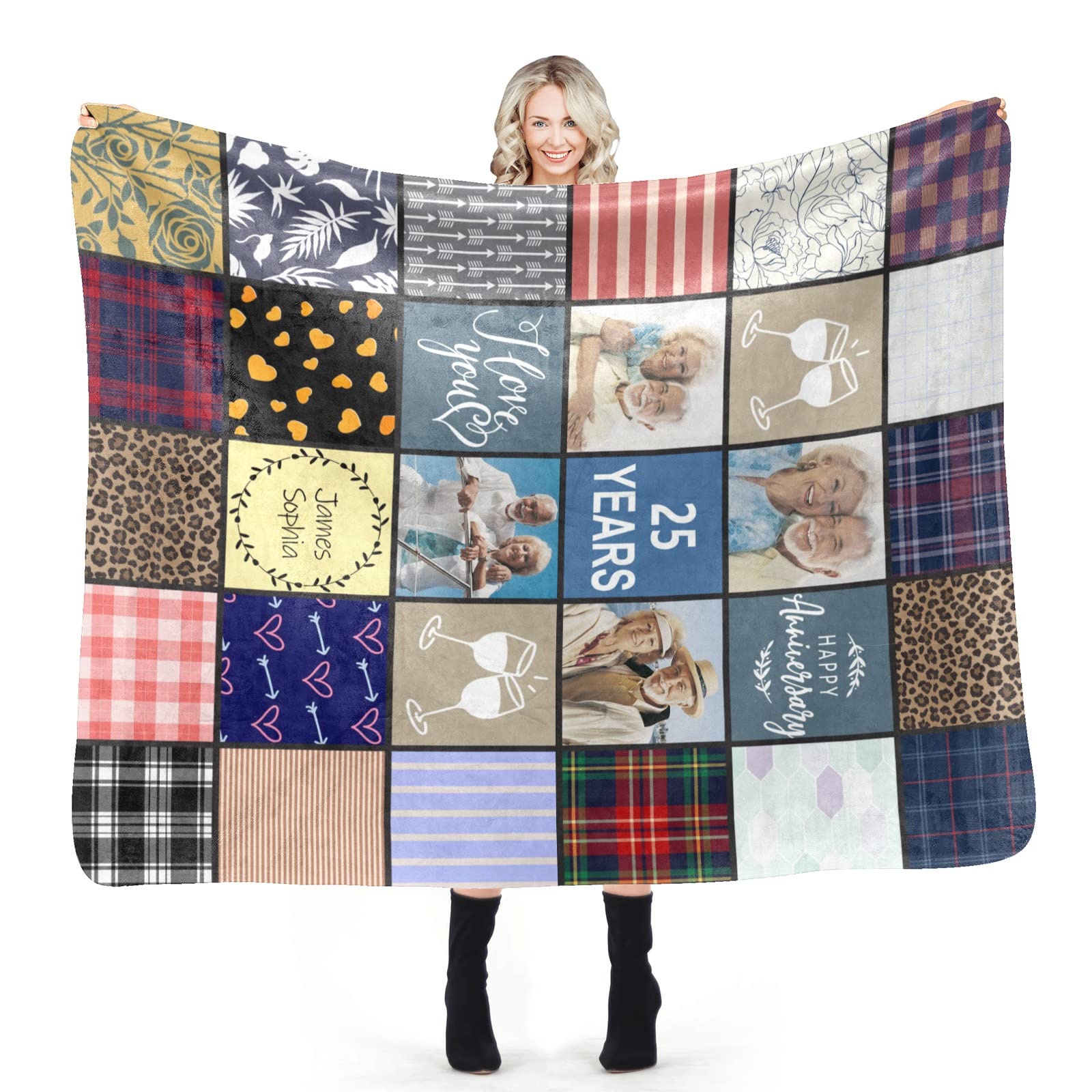 Personalized Photo Blanket for Couples - Custom Anniversary Gift for Her/Him - Cozy Sherpa Throw for Home & Gifts