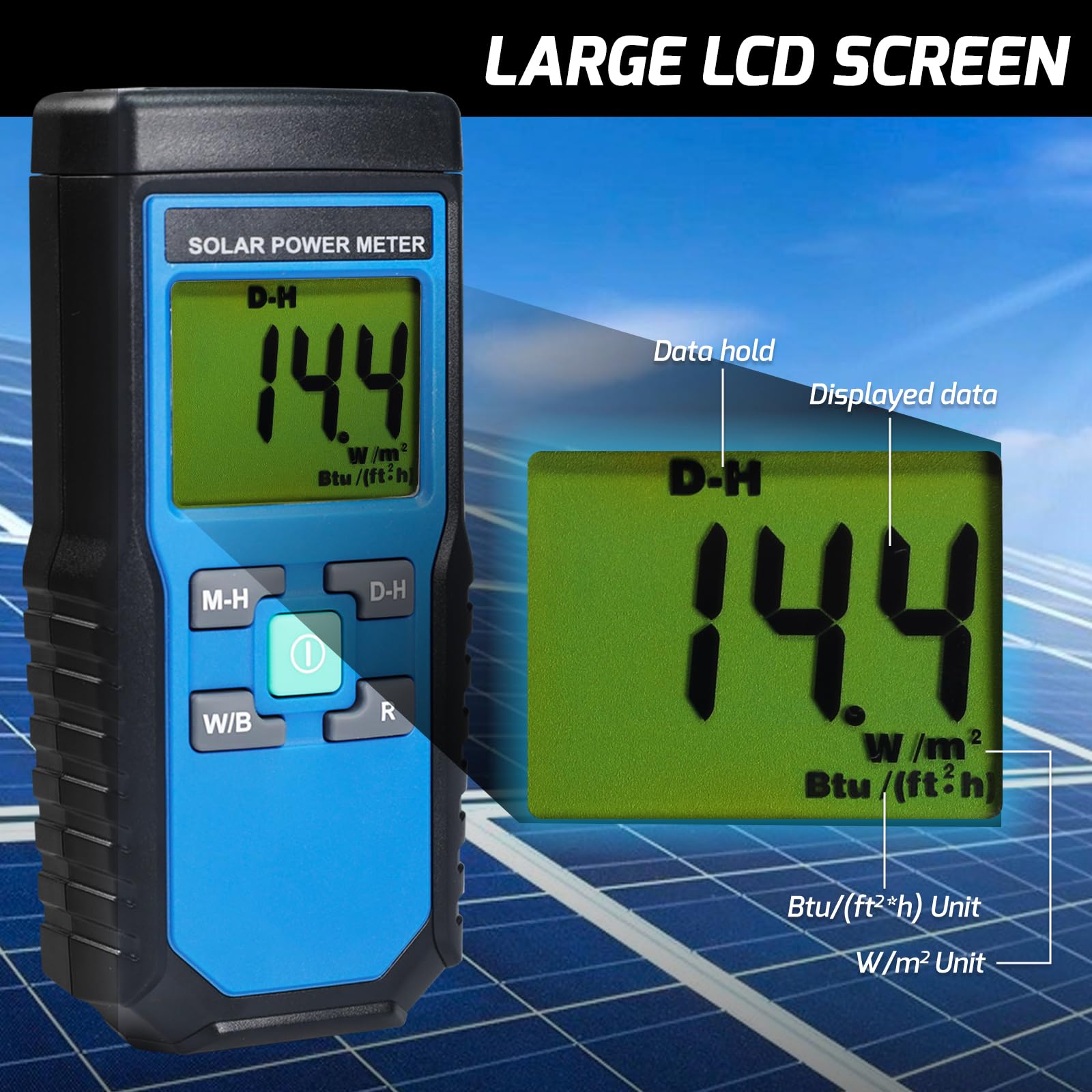 Digital Solar Power Meter - Handheld Portable BTU/W/m2 Tester for Solar Panel Efficiency, UV Index Measurement - Perfect for Home Solar Systems, Gardening, and Outdoor Activities