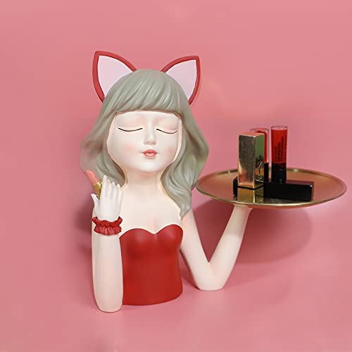 Modern Resin Cat Girl Statuette - Key Holder & Snack Tray | Pink Home Decor for Living Room, Office Desk | Unique Housewarming Gift Idea for Cat Lovers & Anime Fans