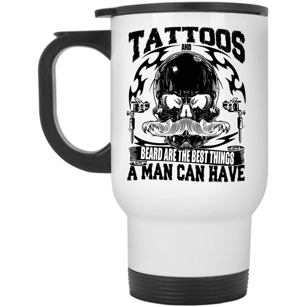Tattooed and Bearded Man Travel Mug - Insulated White Coffee Cup for Men | Perfect for Office, Camping & Road Trips - Funny Gift for Tattoo Lovers