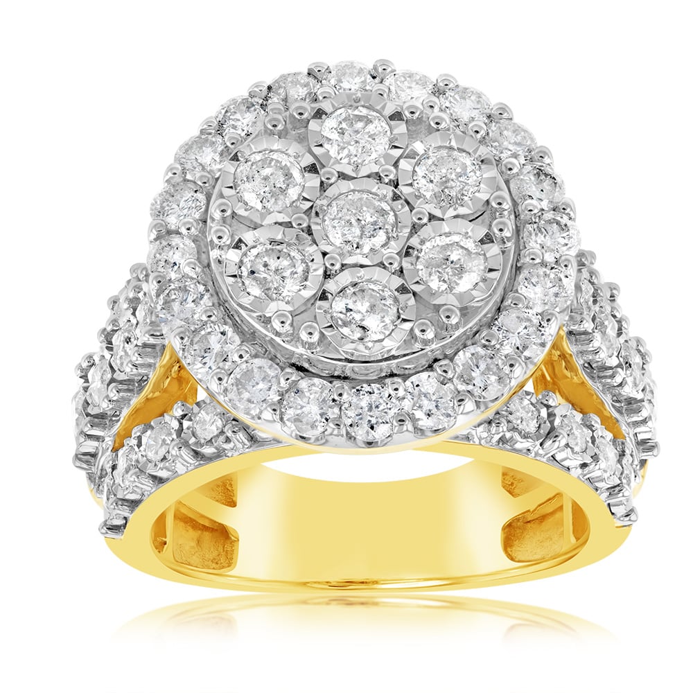 9ct Yellow Gold 2 Carat Diamond Cluster Round Dress Ring for Women - Elegant Wedding, Engagement & Evening Party Jewelry Gift