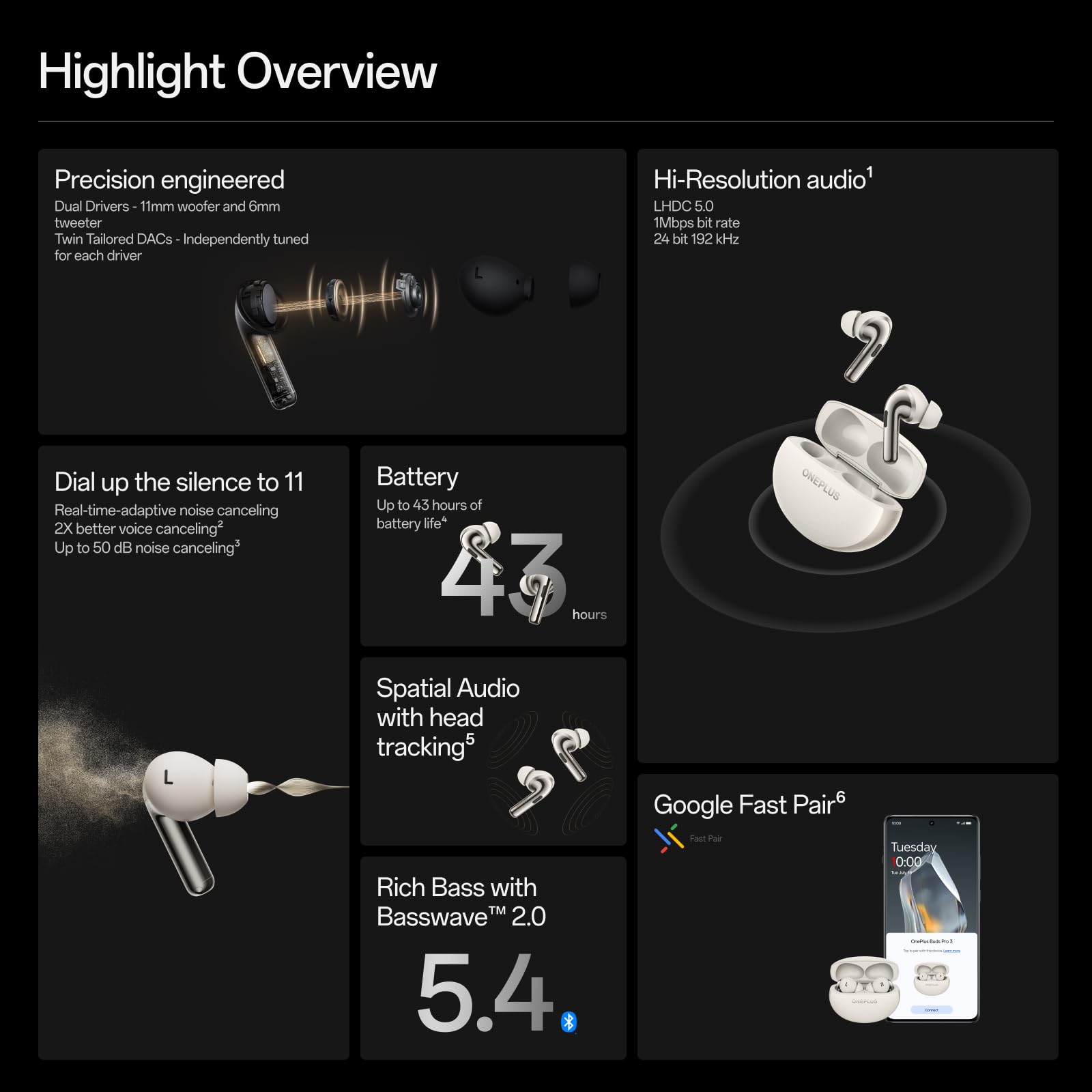 OnePlus Buds Pro 3 Wireless Bluetooth Earbuds with Active Noise Cancellation, Hi-Fi Deep Bass & 44H Playtime - Lunar Radiance | Perfect for Workouts, Commuting & Travel