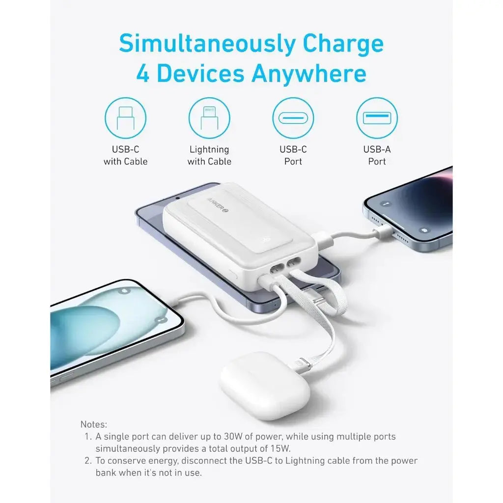 Anker Zolo 10000mAh Power Bank with Built-in USB-C & Lightning Cables, 30W Fast Charging Portable Charger for iPhone, Android, AirPods - Perfect for Travel, Camping & Emergency Power Backup
