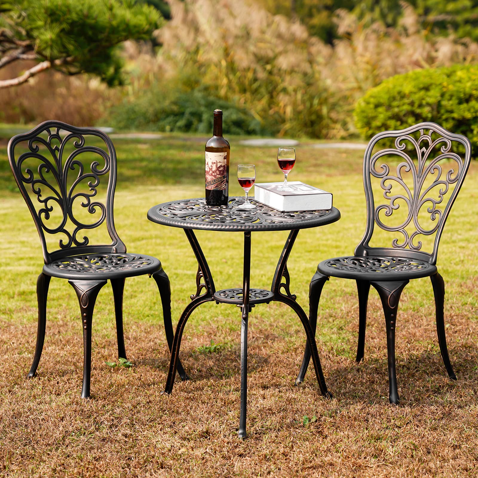 Outdoor Bistro Set 3-Piece Patio Furniture with Umbrella Hole - Weather-Resistant Bronze Bistro Table and 2 Chairs for Garden, Porch, Deck & Backyard Dining