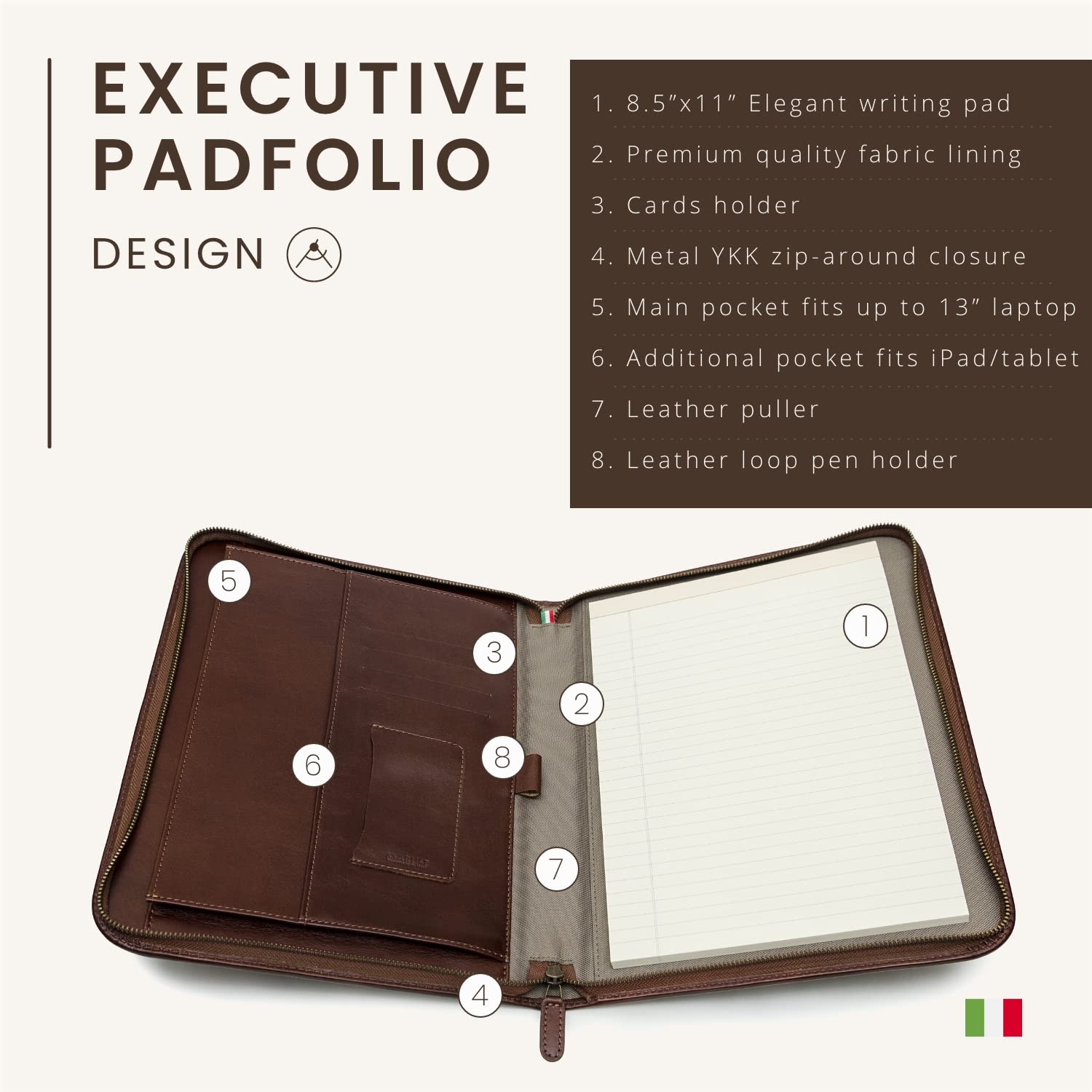 Premium Italian Leather Portfolio Padfolio for Professionals - Personalized Monogram Zippered Executive Folio for Men & Women - Document Organizer with Laptop Sleeve & iPad Case - Perfect for Business Meetings, Office Work & Travel - Made in Italy (Brown)