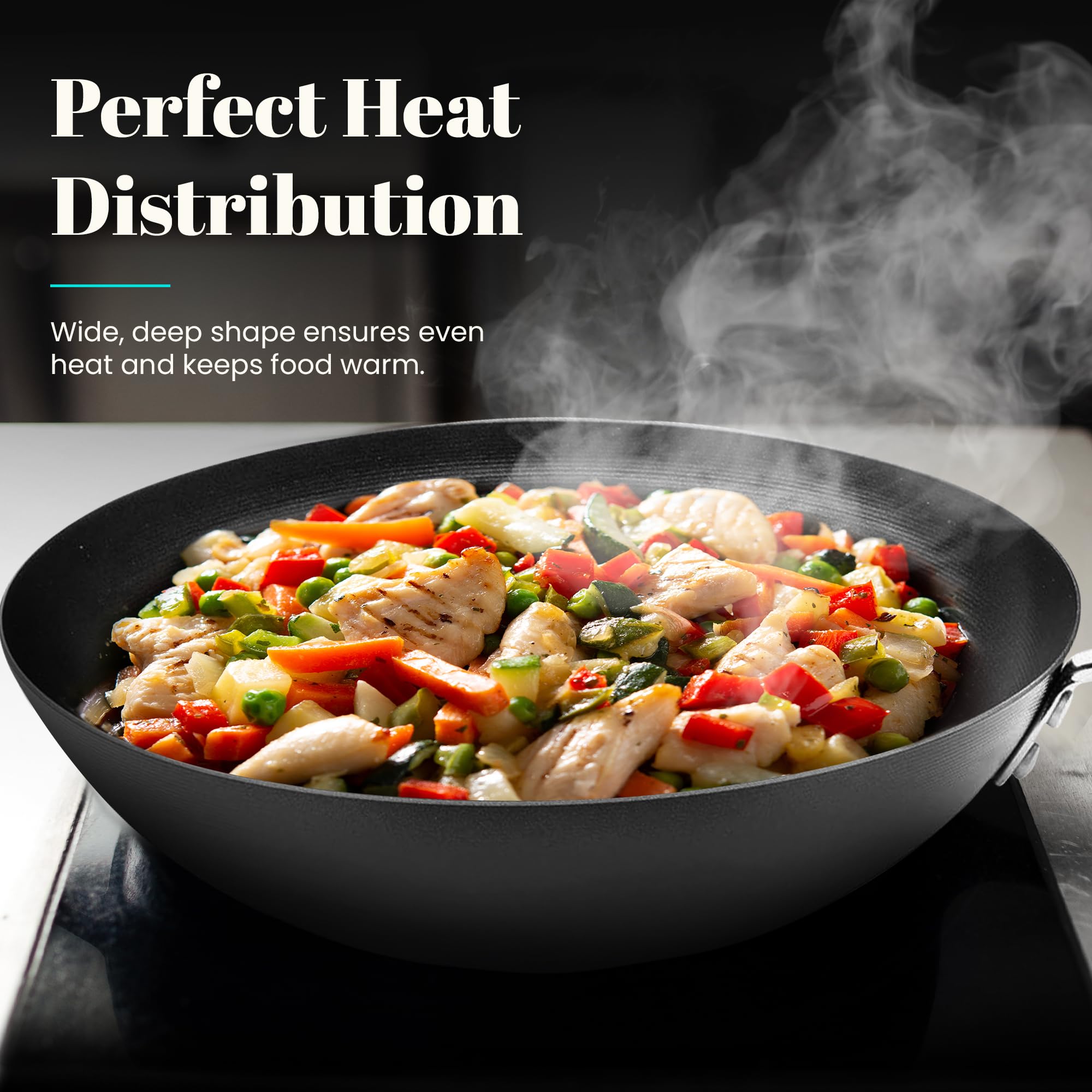 WECOOK! 20cm Carbon Steel Induction Wok Pan - Titanium Nonstick QUANTANIUM Eco-Friendly 3-Layer PFOA-Free Coating, Wood-Like Handle, Compatible with Glass Ceramic, Gas, Dishwasher Safe - Perfect for Stir-Frying, Sautéing & Asian Cooking