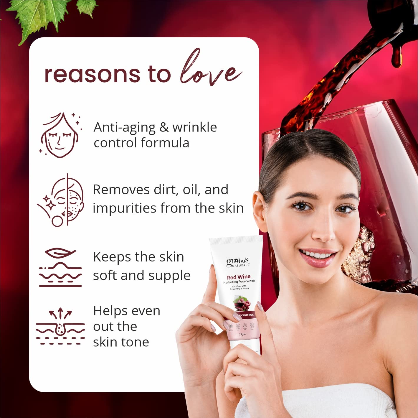 Globus Naturals Face Wash Combo Set of 2 - Skin Brightening Mulberry & Anti-Wrinkle Red Wine Facial Cleanser (75g Each) for Glowing, Youthful Skin | Daily Skincare Routine, Morning & Night Use