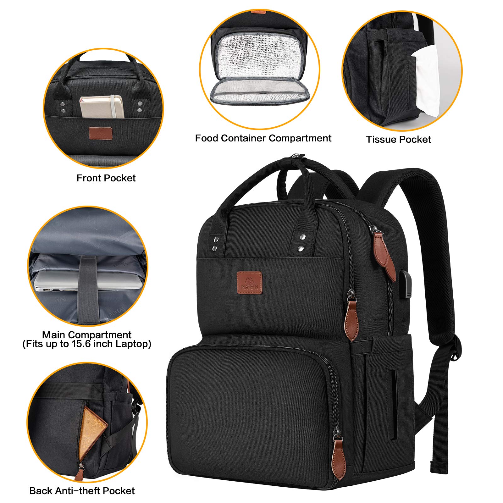 MATEIN 23L Women's Laptop Backpack with USB Charging Port, Insulated Lunch Box & Waterproof Tote Bag - Perfect for Travel, Work, School, Beach, Camping, Hiking & Outdoor Activities