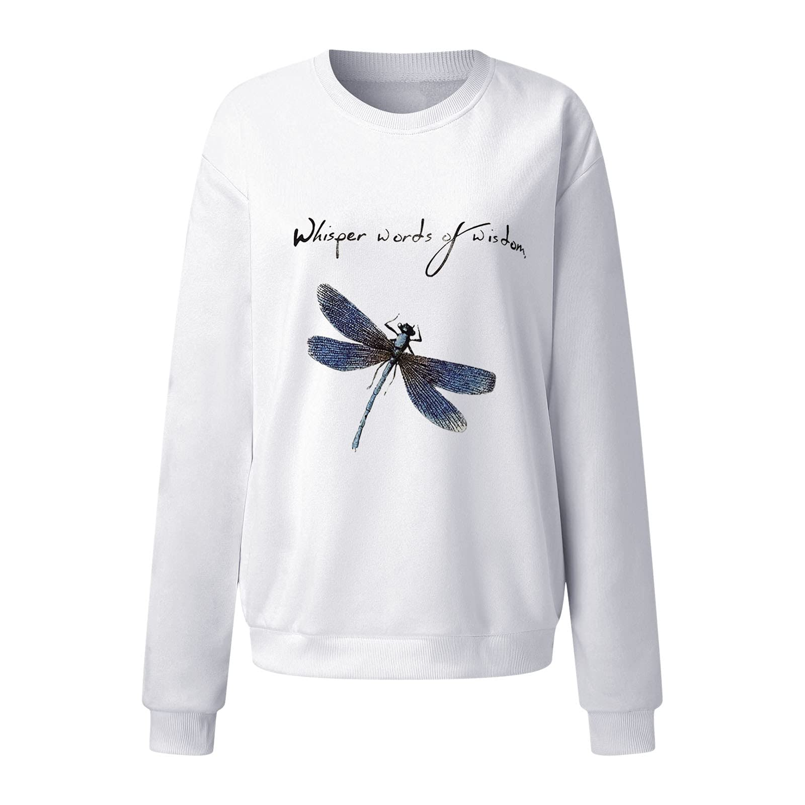 Women's Pullover Sweatshirt - Cute Dragonfly & Letter Print Crew Neck Long Sleeve Blouse, Casual Fall Tunic Top White Tee | Perfect for Autumn Layering, Weekend Outfits & Cozy Home Wear