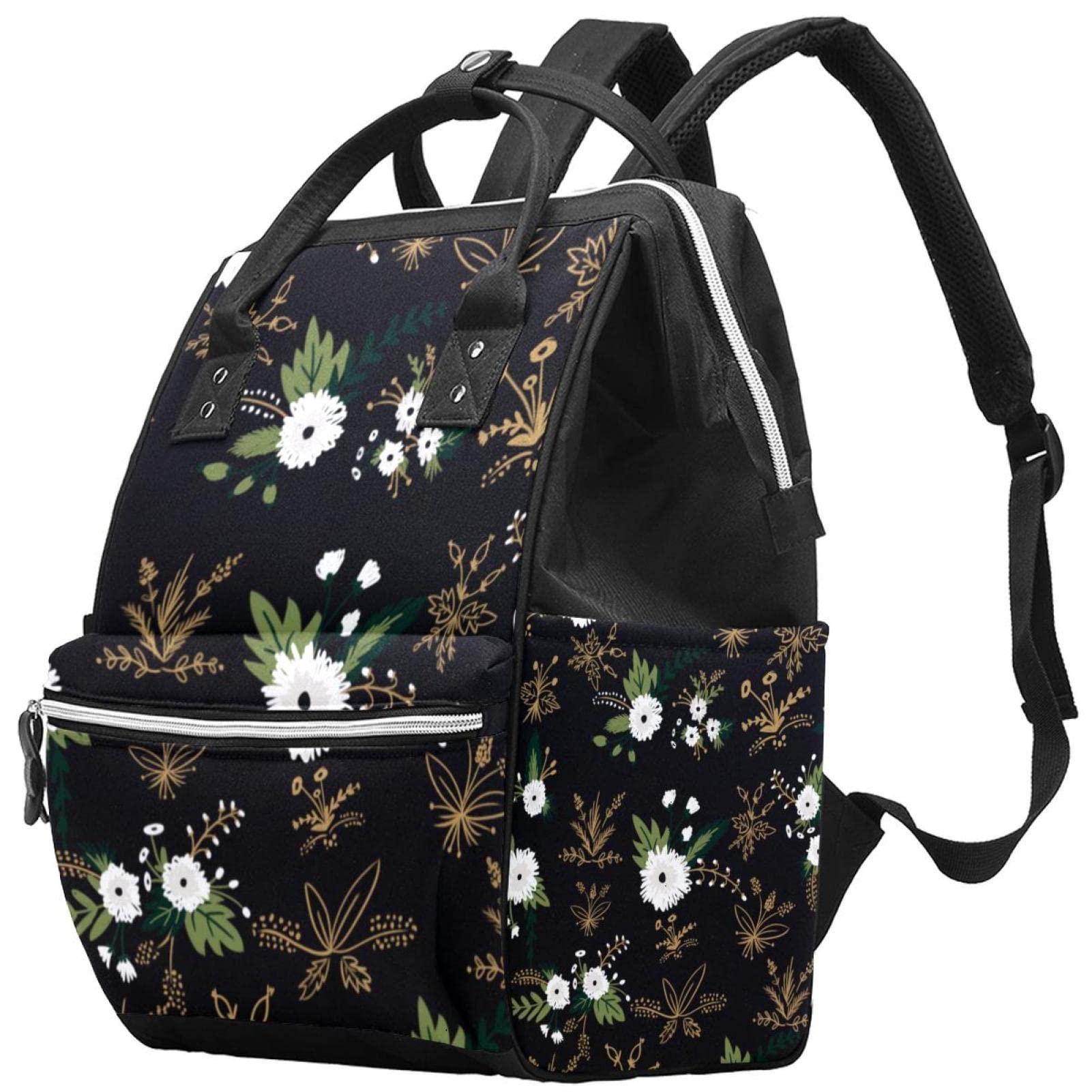 Stylish White Floral Diaper Backpack for Women & Men - Waterproof Baby Nappy Bag with Multiple Pockets for Travel, Daycare & Outings