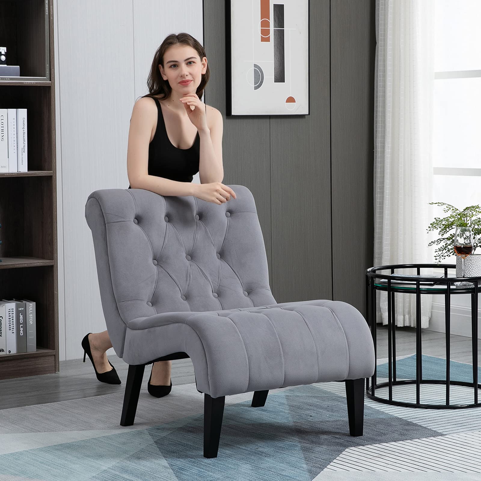 AVAWING 2-Piece Armless Accent Chair Set - Upholstered Button Tufted Living Room Chairs with Sturdy Wood Legs, Soft Frosted Velvet Lounge & Reading Chairs for Bedroom or Office - Modern Grey Home Decor (Perfect for Small Spaces, Reading Nooks & Cozy Corners)