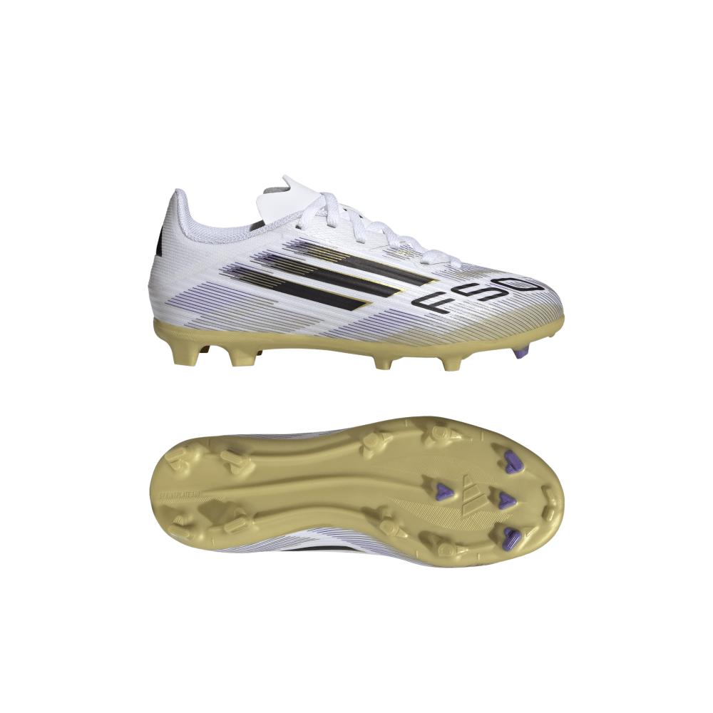 Adidas F50 League FG/MG Junior Football Cleats for Kids - White/Black/Metallic Gold Soccer Shoes | Perfect for Youth Training & Matches on Firm Ground & Artificial Turf