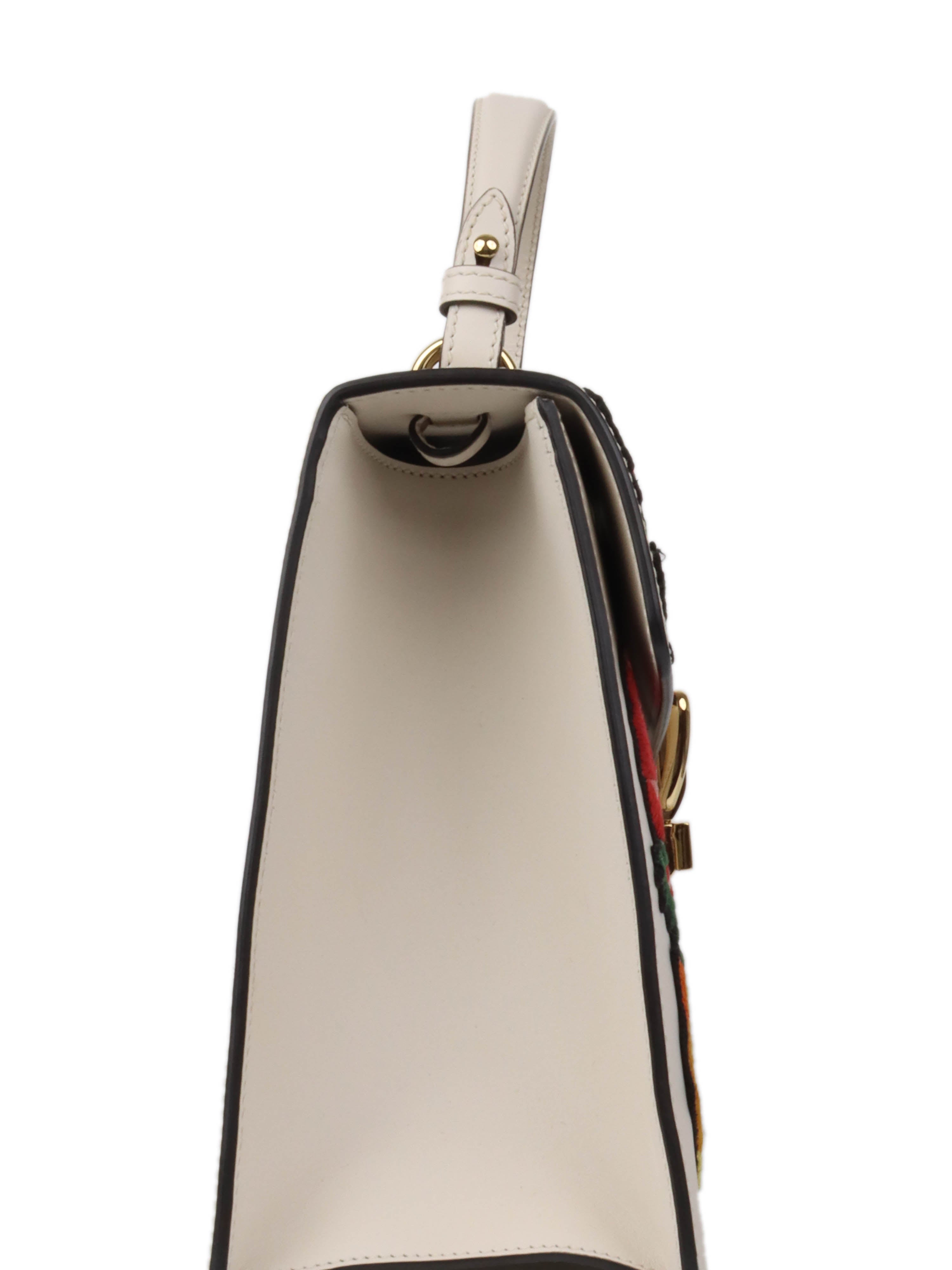 Gucci White Smooth Calfskin Leather Floral Embroidered Medium Sylvie Top Handle Bag for Women | Luxury Designer Handbag for Work, Party & Everyday Use
