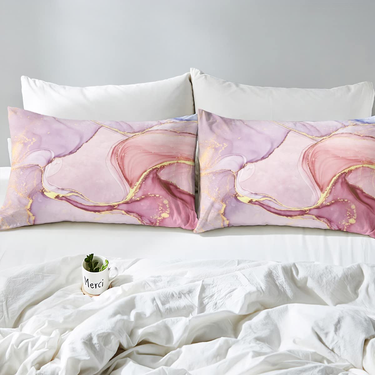 Pink Purple Gold Marble Bed Sheets Set - Soft Modern Marble Pattern Queen Size 4-Piece Bedding (1 Fitted Sheet, 1 Flat Sheet, 2 Pillowcases) for Girls Room, Teen Bedroom & Guest Room Decor