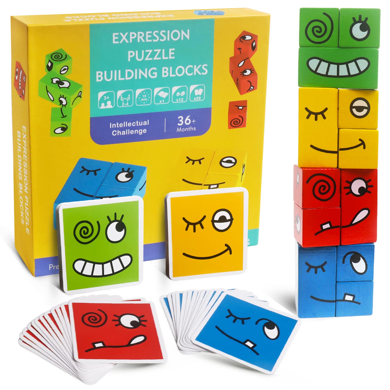 Montessori Wooden Matching Game - Color Sorting & Face Changing Expression Puzzle Building Blocks - Educational Preschool Learning Toys for Kids Ages 3-5 - Family Board Game for Boys & Girls | Perfect for Homeschooling, Daycare & Sensory Play Activities