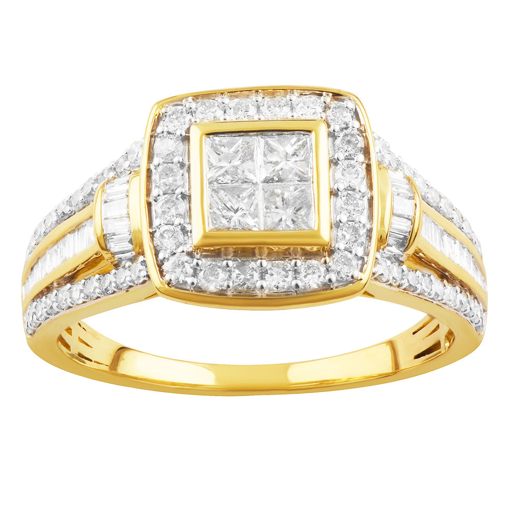 9ct Yellow Gold 1 Carat Diamond Ring with Princess Brilliant & Baguette Cut Diamonds - Elegant Engagement, Wedding & Anniversary Jewelry Gift for Women