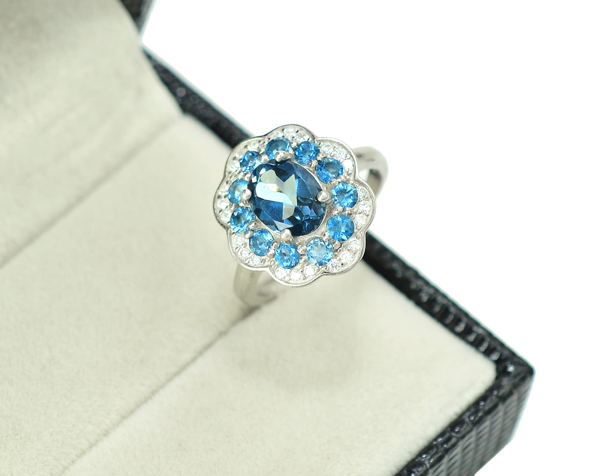 9X7 MM Natural London Blue Topaz Gemstone Ring in 925 Sterling Silver - December Birthstone Jewelry, Unisex Cluster Ring for Proposal, Christmas Gift for Girlfriend, Women's Fashion Accessory for Parties & Special Occasions