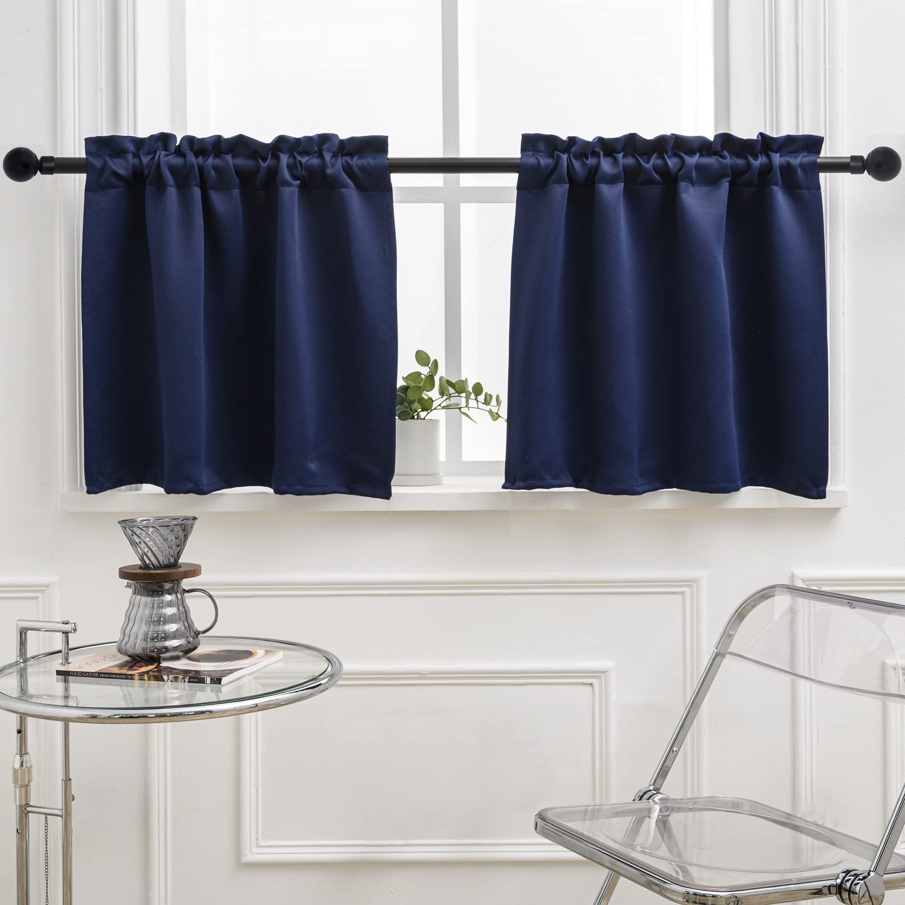 24 Inch Long Tier Curtains for Small Windows - Blackout Short Curtains with Rod Pocket | Half Window Treatment for Kitchen, Cabinet, Basement & RV | 2 Panels Navy Blue 30