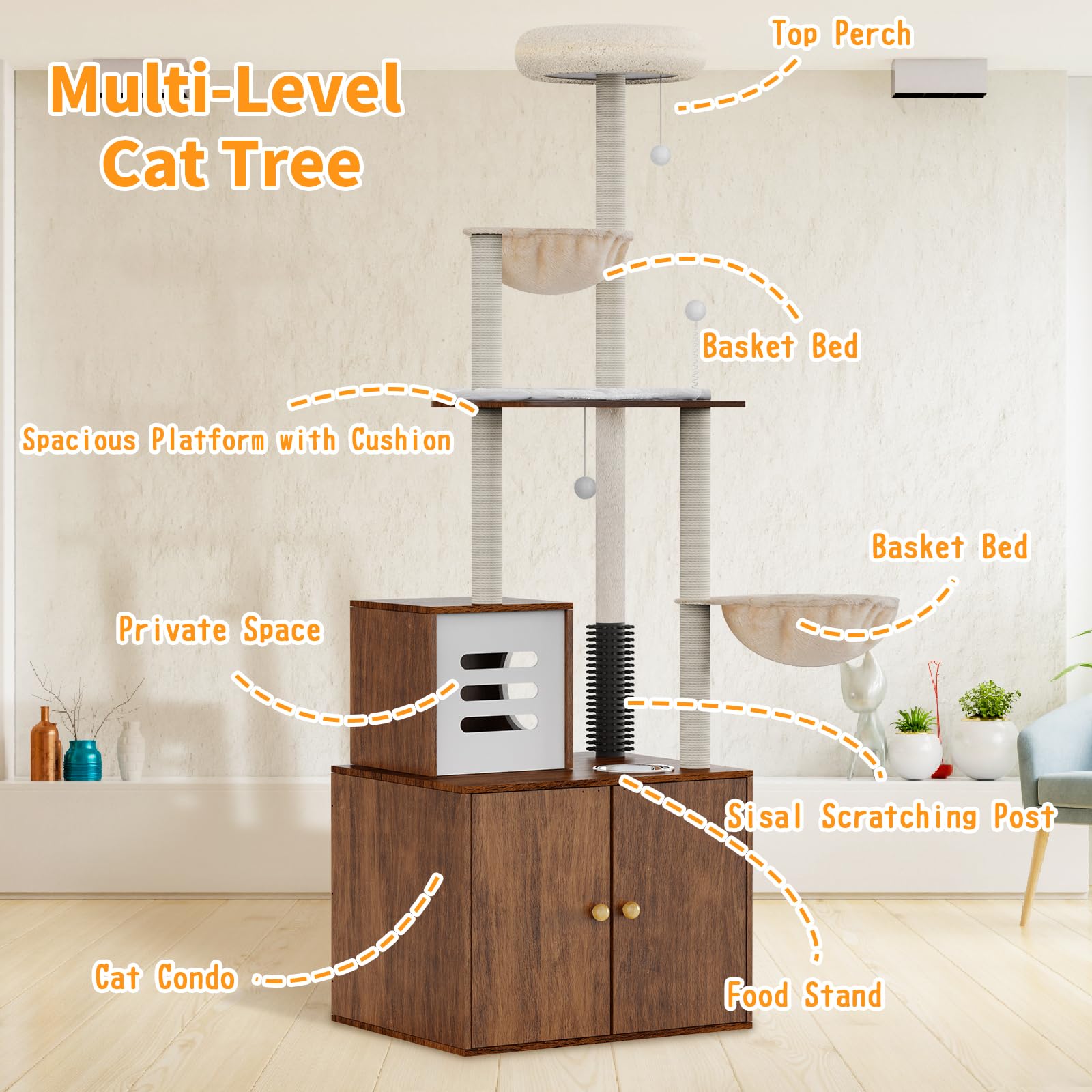 72 Inch Tall Cat Tree with Hidden Litter Box - All-in-One Cat Climbing Tower with Scratching Posts, Perch, Platform & Food Station - Multi-Level Indoor Cat Furniture for Small Spaces - Perfect for Apartments & Homes with Multiple Cats