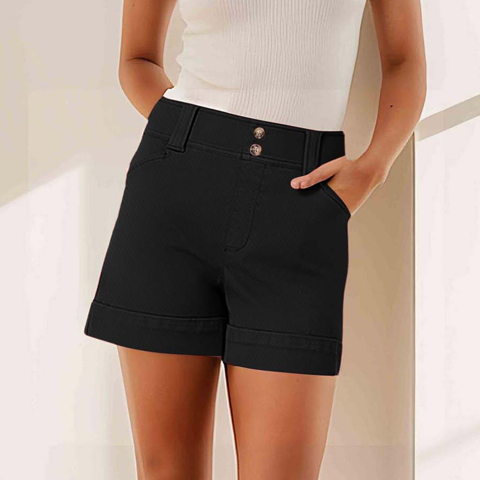 Women's Stretchy Twill Jean Shorts - High Waist Denim Bermuda Shorts with Multiple Pockets | Summer 2024 Casual Wear for Beach, Travel & Everyday Outfits