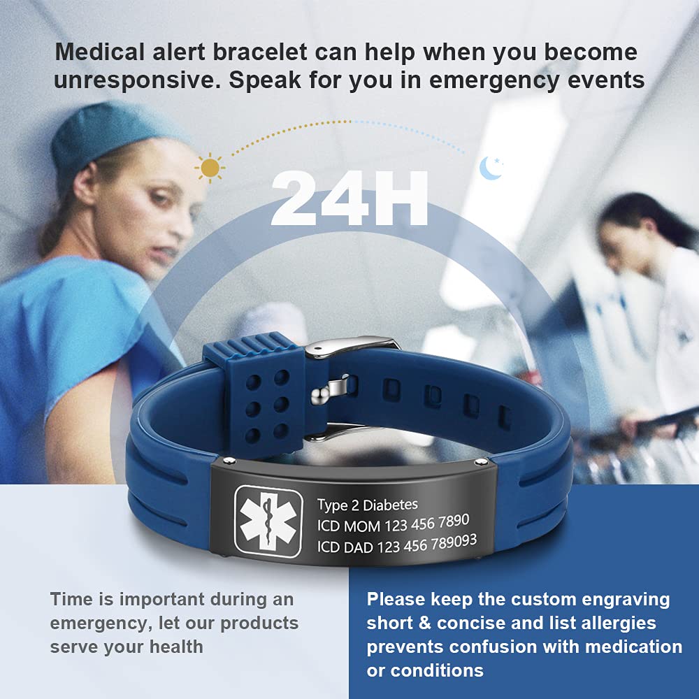 OPALSTOCK Personalized Silicone Medical ID Bracelet - Adjustable Sport Emergency Bracelet with Engraving, 9 Inch Waterproof Wristband for Men & Women - Perfect for Running, Hiking, Travel and Medical Alert Identification