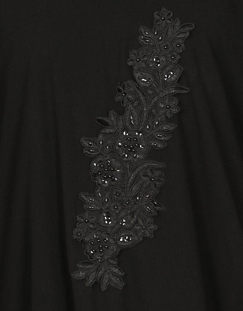Stylish Arabic Patch Contrast Cuff Black Kaftan - Elegant Embroidered Long Dress for Women - Perfect for Eid, Weddings & Special Occasions