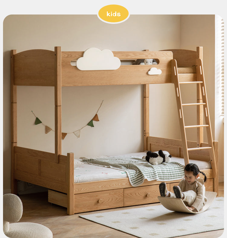 Solid Oak Wood Multi-Functional Bunk Bed with Ladder & Guardrails - Space-Saving Kids Bedroom Furniture for Siblings or Sleepovers