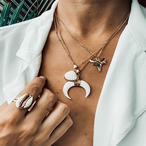Ludress Moon Layered Necklace Set - Gold Shell Choker with Shark Teeth & Crescent Pendant - Trendy Boho Jewelry for Women & Teens | Perfect for Beach Parties, Music Festivals & Everyday Wear