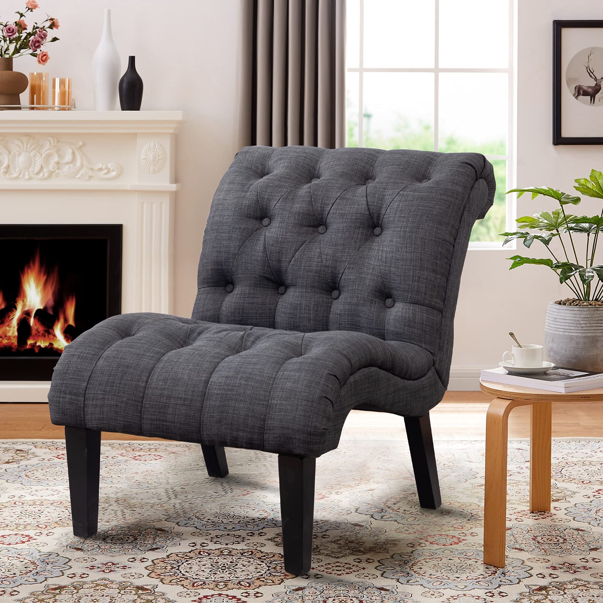 Yongqiang Upholstered Accent Chair with Wood Legs - Gray Fabric Armless Slipper Chair for Bedroom, Living Room & Lounge | Perfect for Reading Nooks, Guest Seating & Small Spaces
