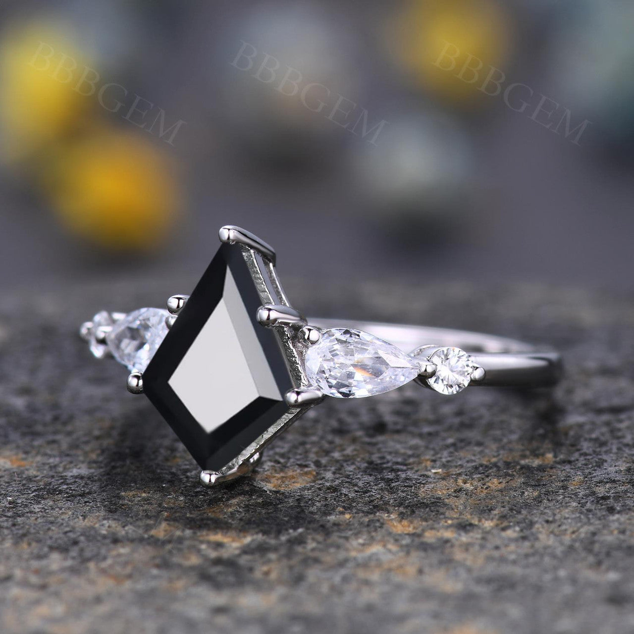 Elegant Lozenge Step Cut Black Onyx Statement Ring with Pear Moissanite Accent - Perfect for Evening Parties, Date Nights & Special Occasions